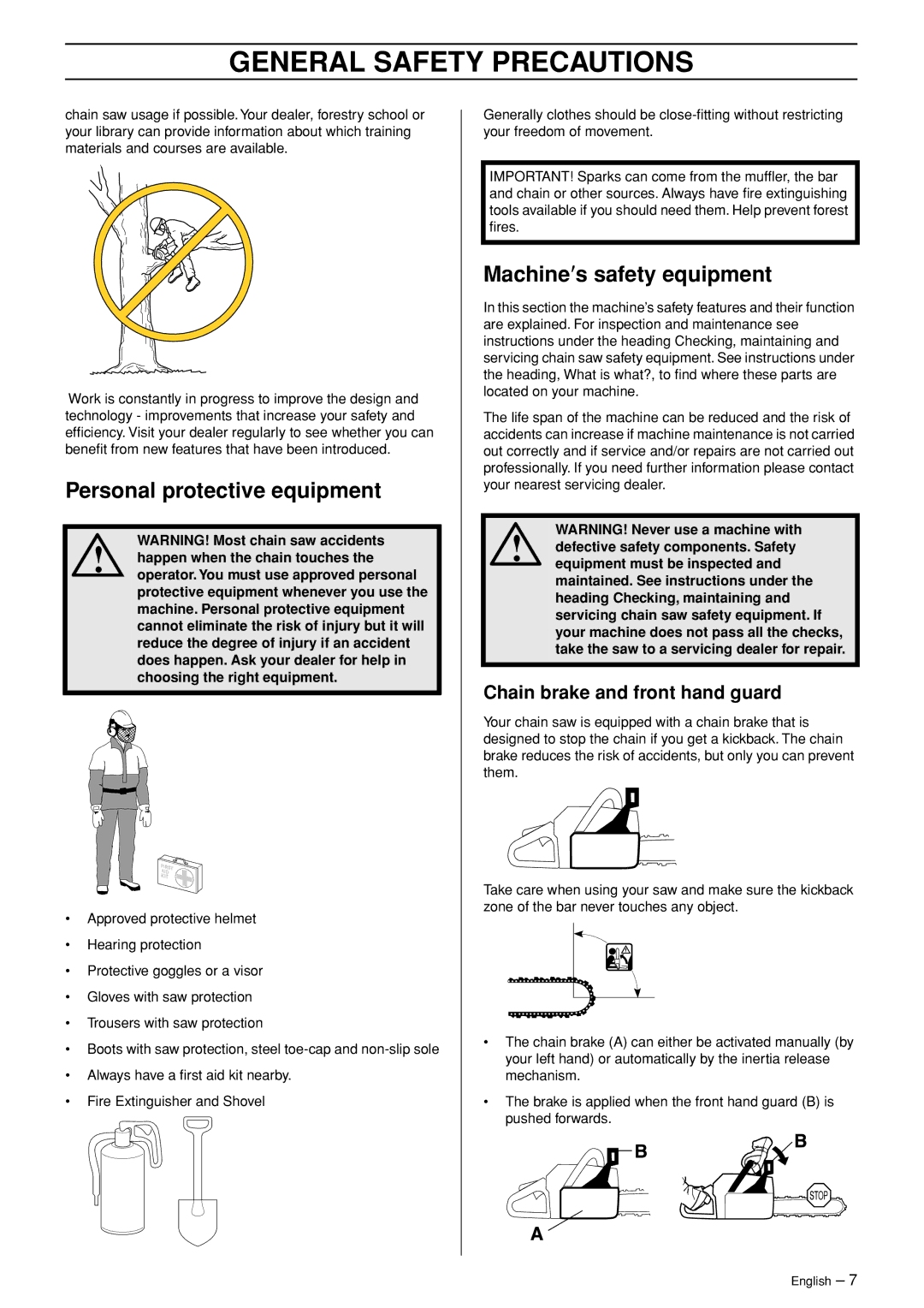 Husqvarna 340e, 350 manual Personal protective equipment, Machine′s safety equipment, Chain brake and front hand guard 