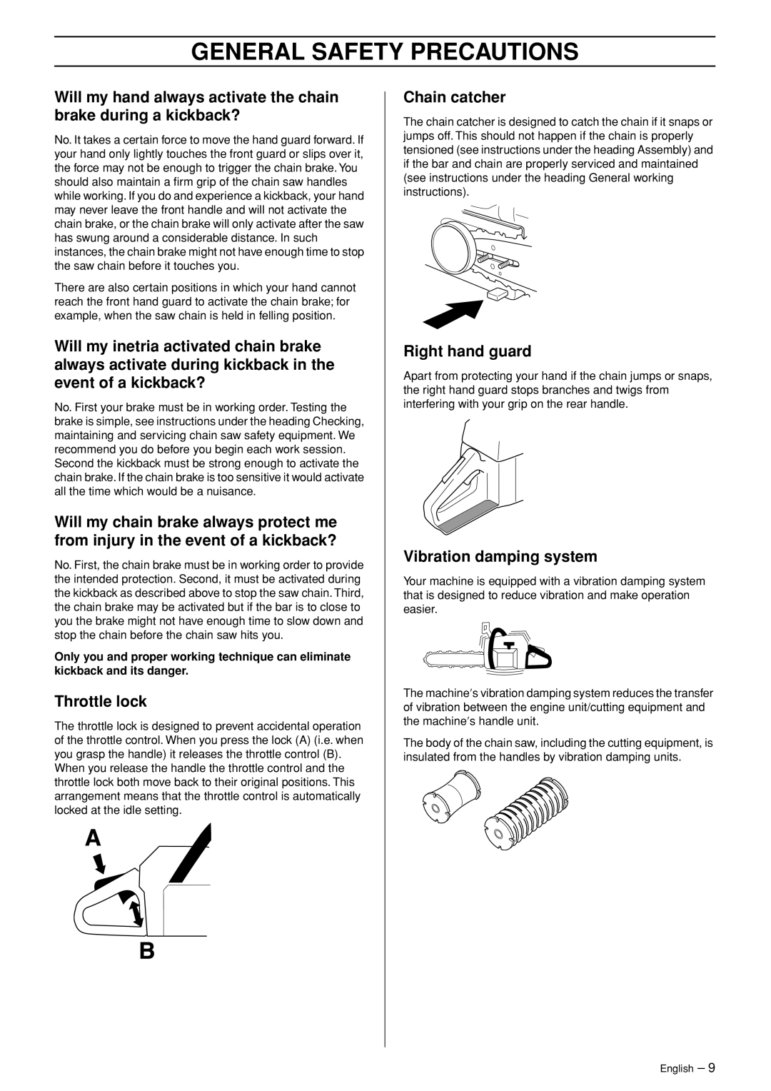 Husqvarna 340e, 350 manual Throttle lock, Chain catcher, Right hand guard, Vibration damping system 