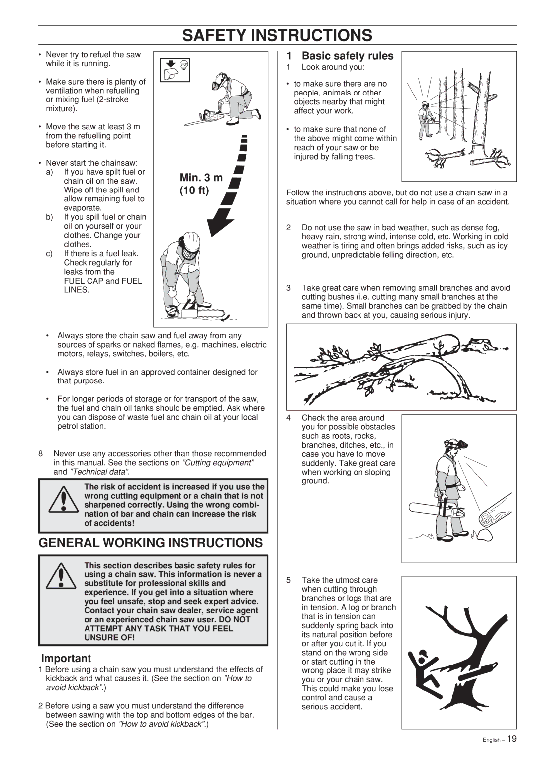 Husqvarna 346XP, 353 manual General Working Instructions, Min m, 10 ft, Basic safety rules 