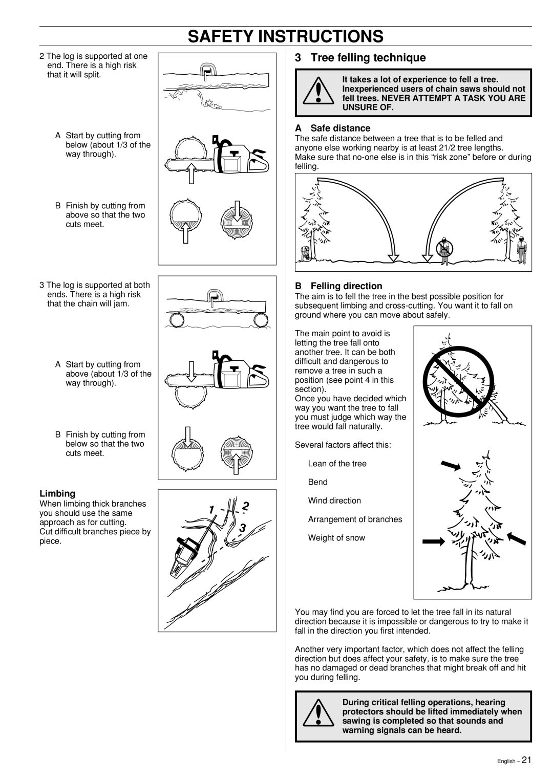 Husqvarna 346XP, 353 manual Tree felling technique, Safe distance, Limbing, Felling direction 