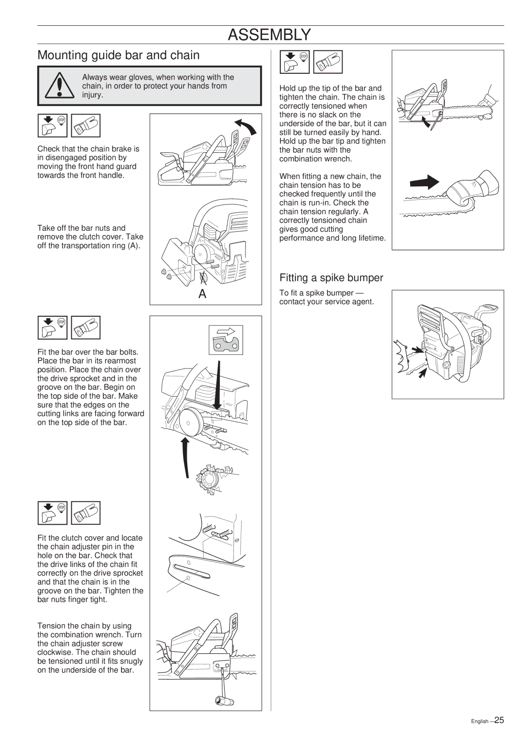 Husqvarna 346XP, 353 manual Assembly, Mounting guide bar and chain, Fitting a spike bumper 