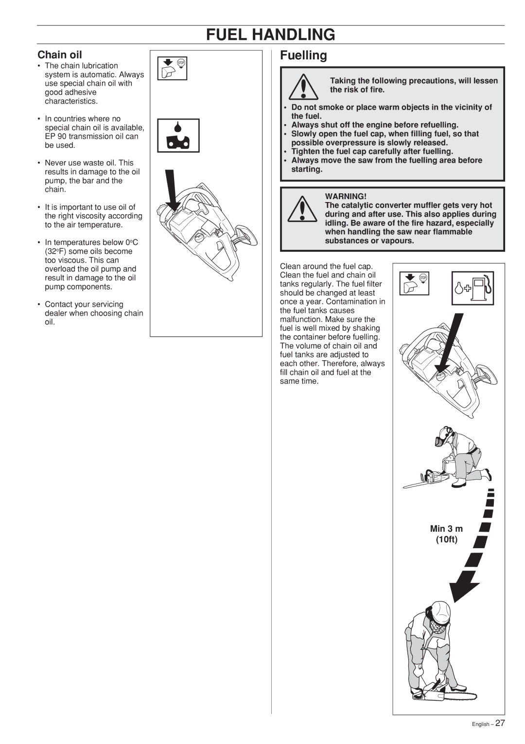 Husqvarna 346XP, 353 manual Fuelling, Chain oil, Min 3 m, 10ft 