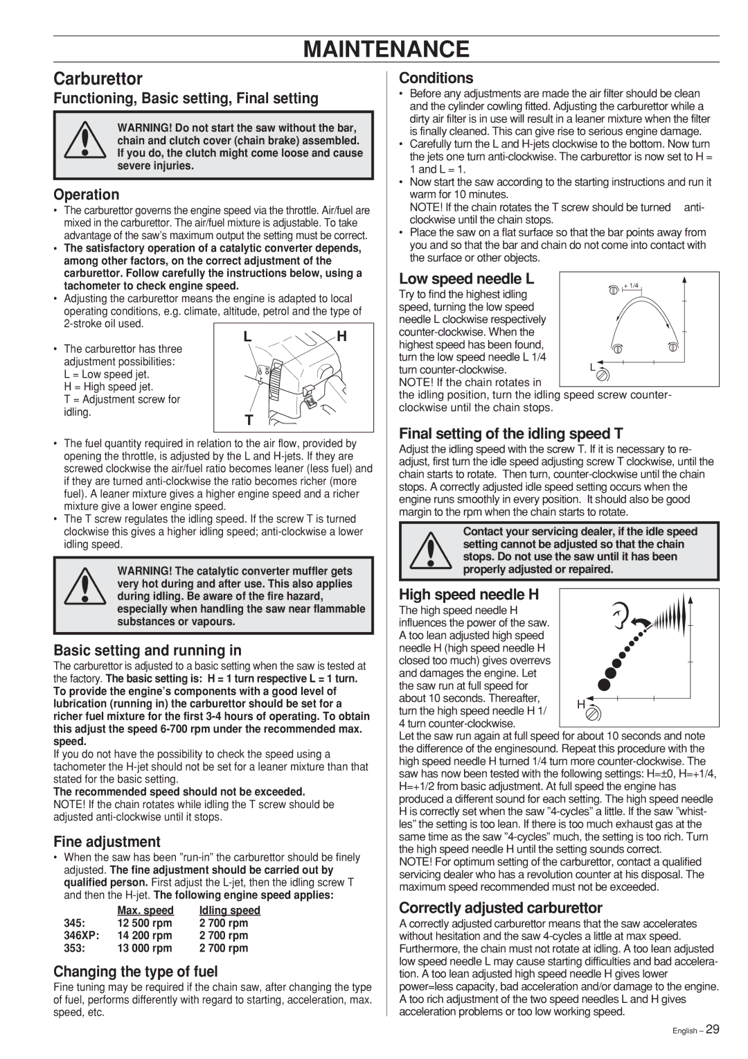Husqvarna 346XP, 353 manual Maintenance, Carburettor 