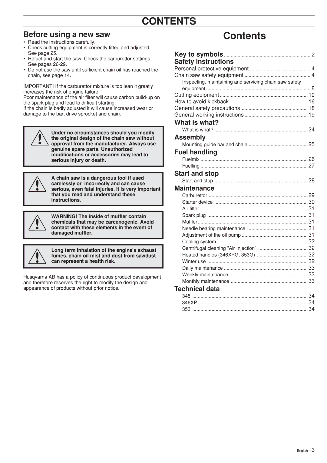 Husqvarna 346XP, 353 manual Contents 