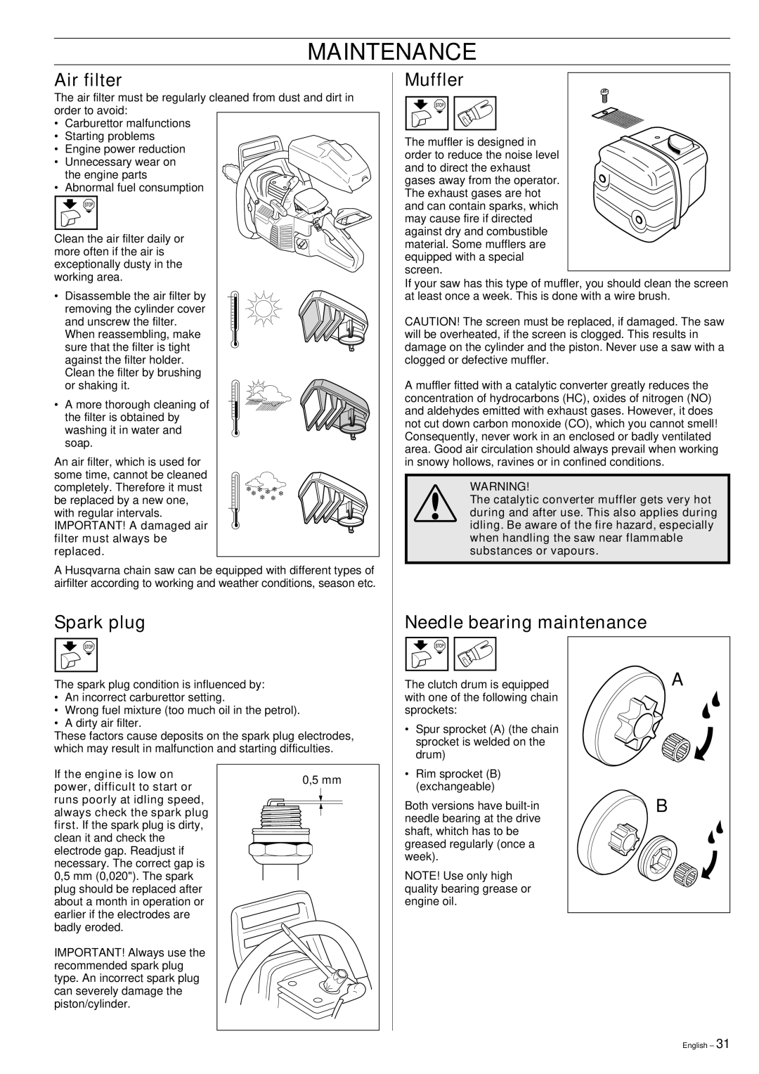 Husqvarna 346XP, 353 manual Air filter, Spark plug Muffler, Needle bearing maintenance 