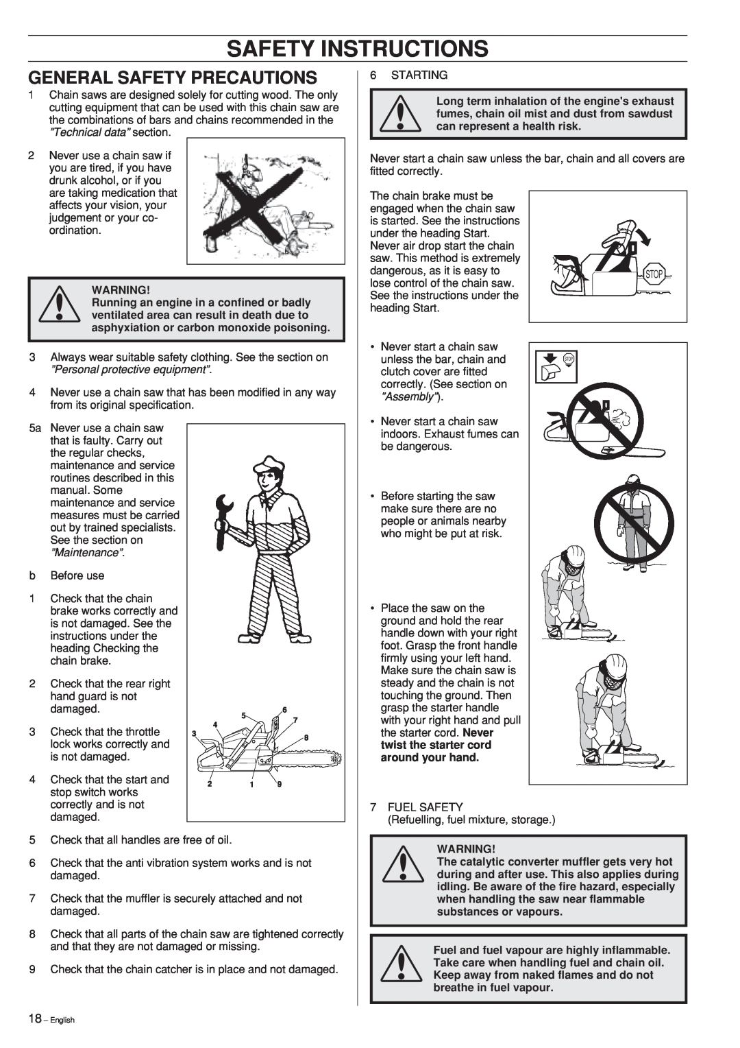 Husqvarna 353, 346XP manual General Safety Precautions, Safety Instructions 