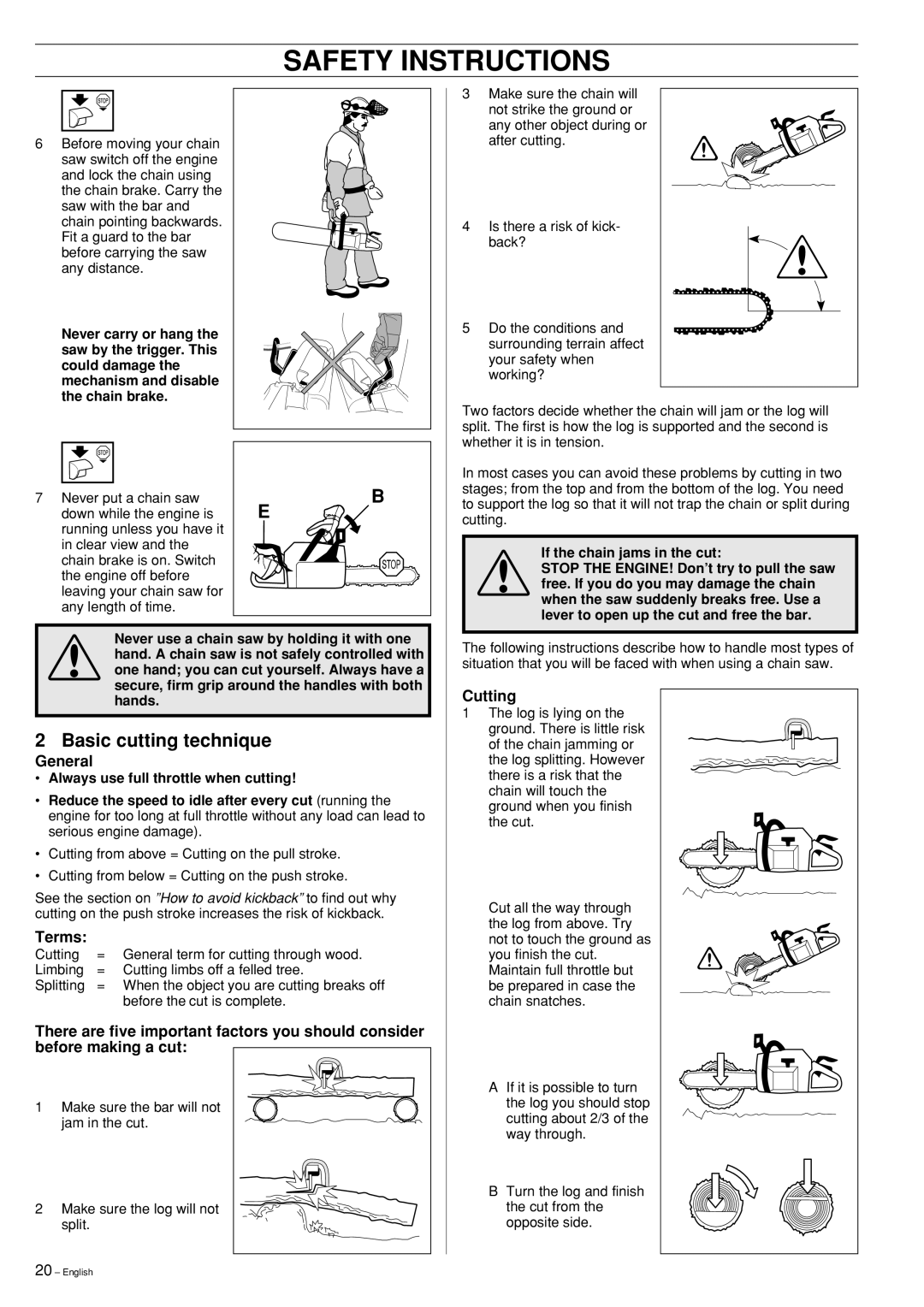 Husqvarna 353, 346XP manual Safety Instructions, Basic cutting technique, General, Terms, Cutting 