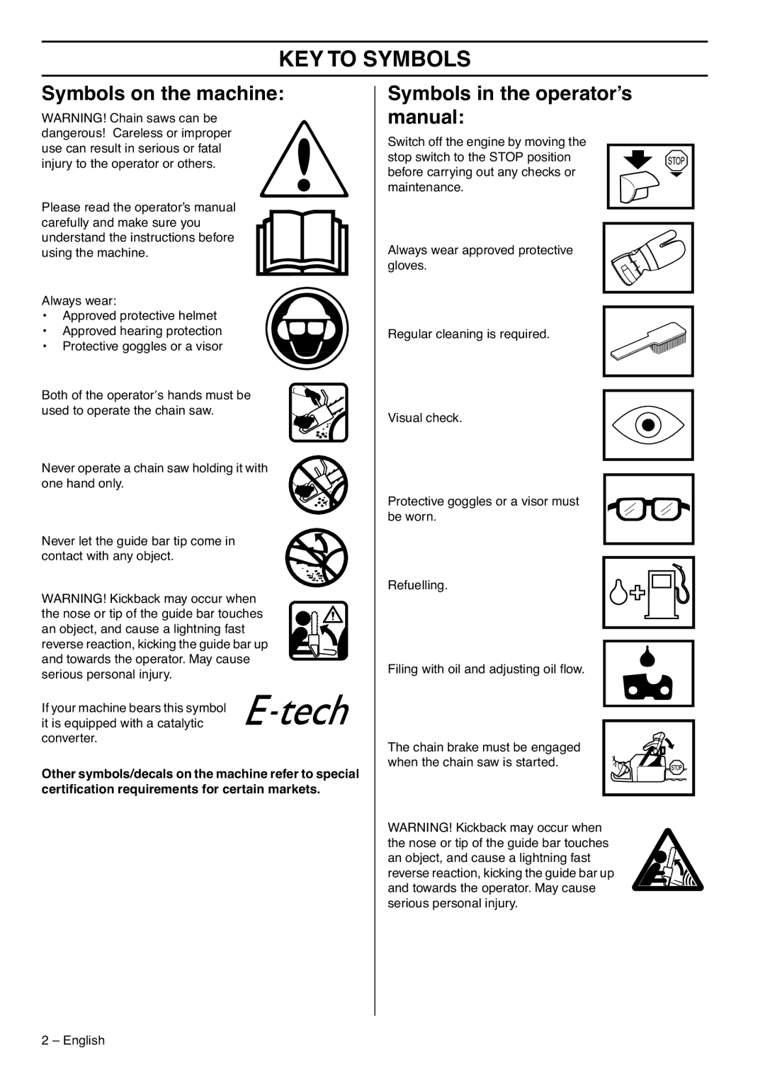 Husqvarna 353 EPA III, 1151435-95 KEY to Symbols, Symbols on the machine, Symbols in the operator’s manual 