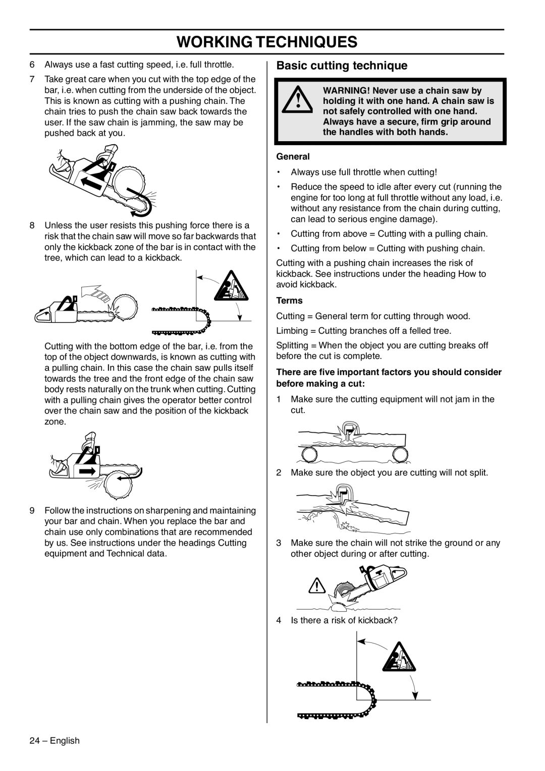 Husqvarna 353 EPA III, 1151435-95 manual Basic cutting technique, Terms 