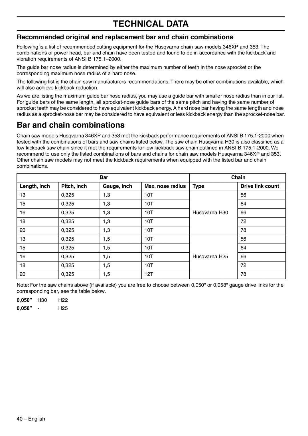 Husqvarna 353 EPA III, 1151435-95 manual Bar and chain combinations, 050, 058 