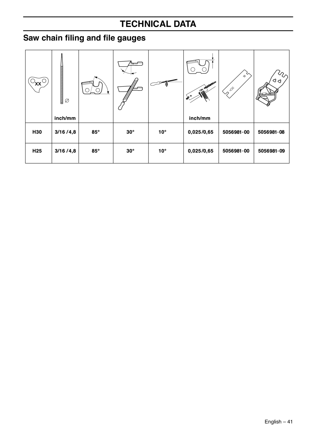 Husqvarna 1151435-95, 353 EPA III manual Saw chain ﬁling and ﬁle gauges 