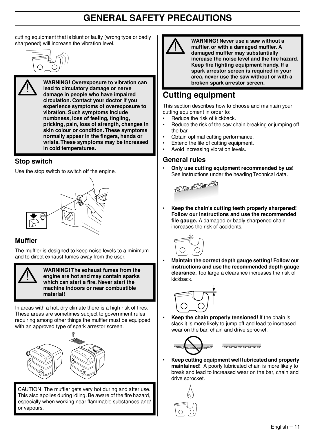 Husqvarna 1151438-95, 353 EPA III TrioBrake, 345e EPA III manual Cutting equipment, Stop switch, Mufﬂer, General rules 