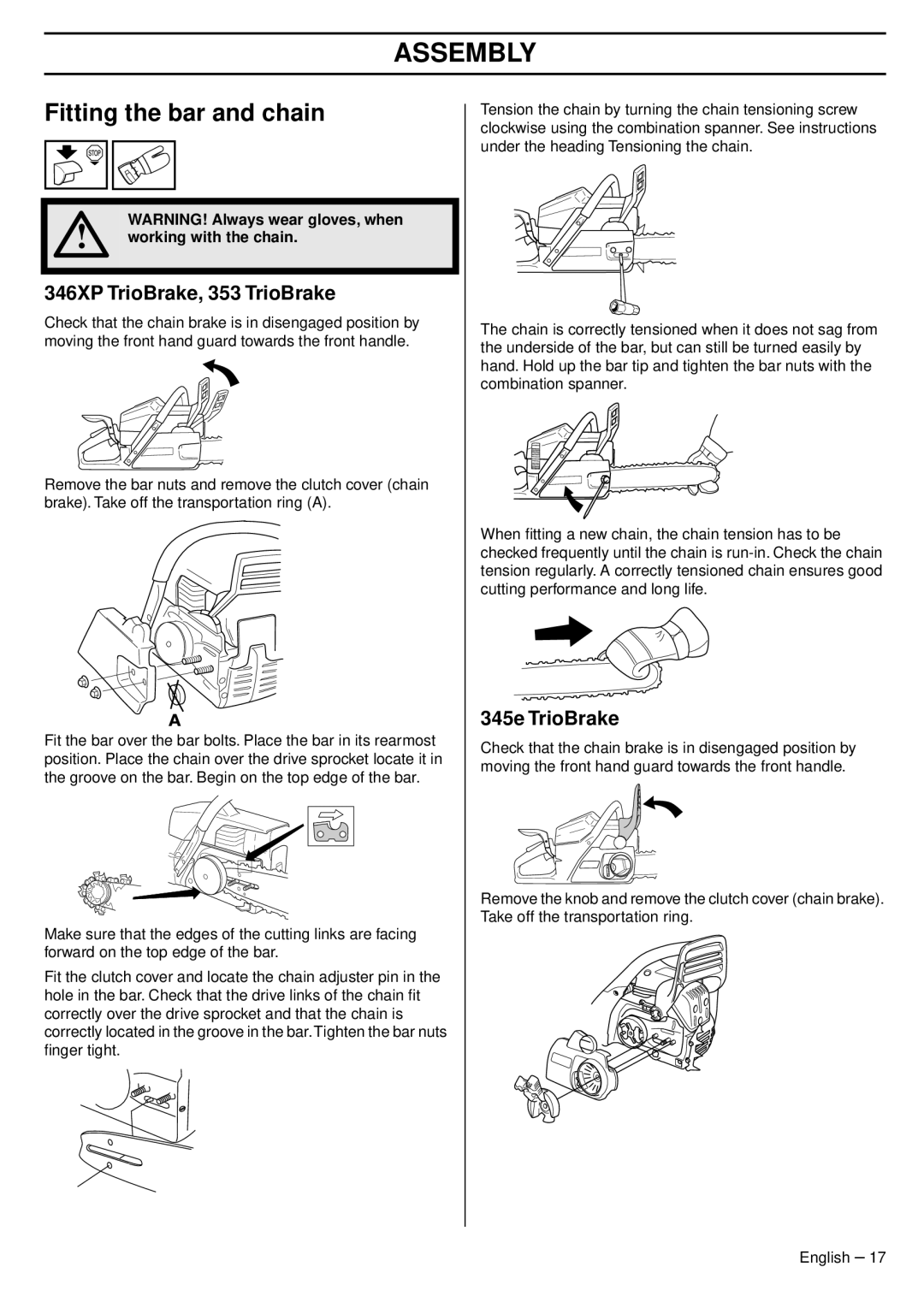 Husqvarna 1151438-95, 345e EPA III Assembly, Fitting the bar and chain, 346XP TrioBrake, 353 TrioBrake, 345e TrioBrake 