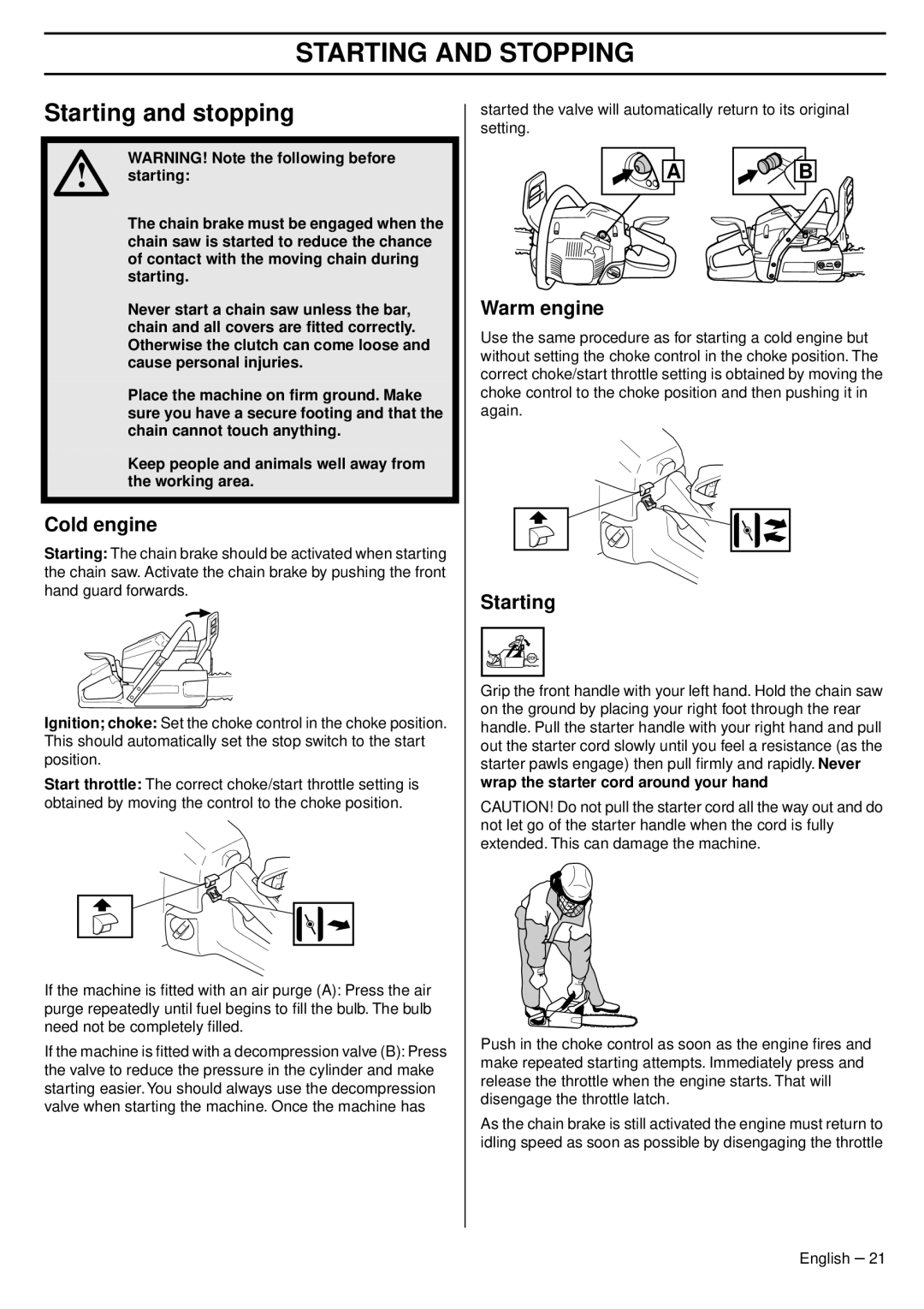 Husqvarna 353 EPA III TrioBrake, 345e EPA III manual Starting and Stopping, Starting and stopping, Cold engine, Warm engine 