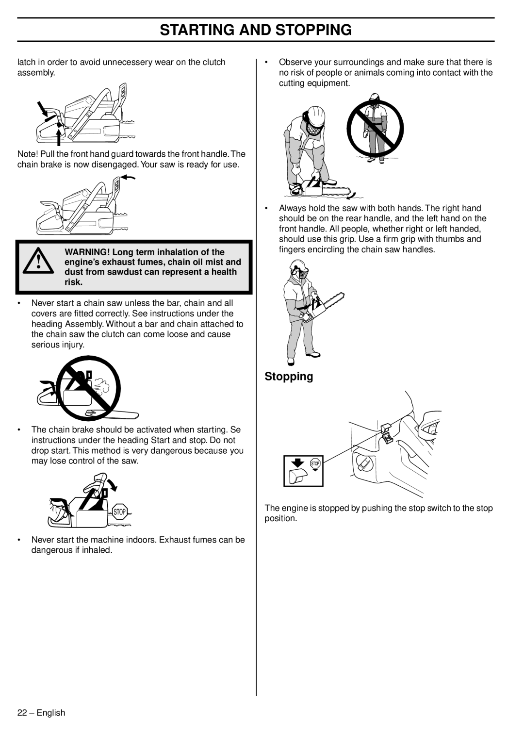 Husqvarna 345e EPA III, 353 EPA III TrioBrake, 1151438-95 manual Stopping 