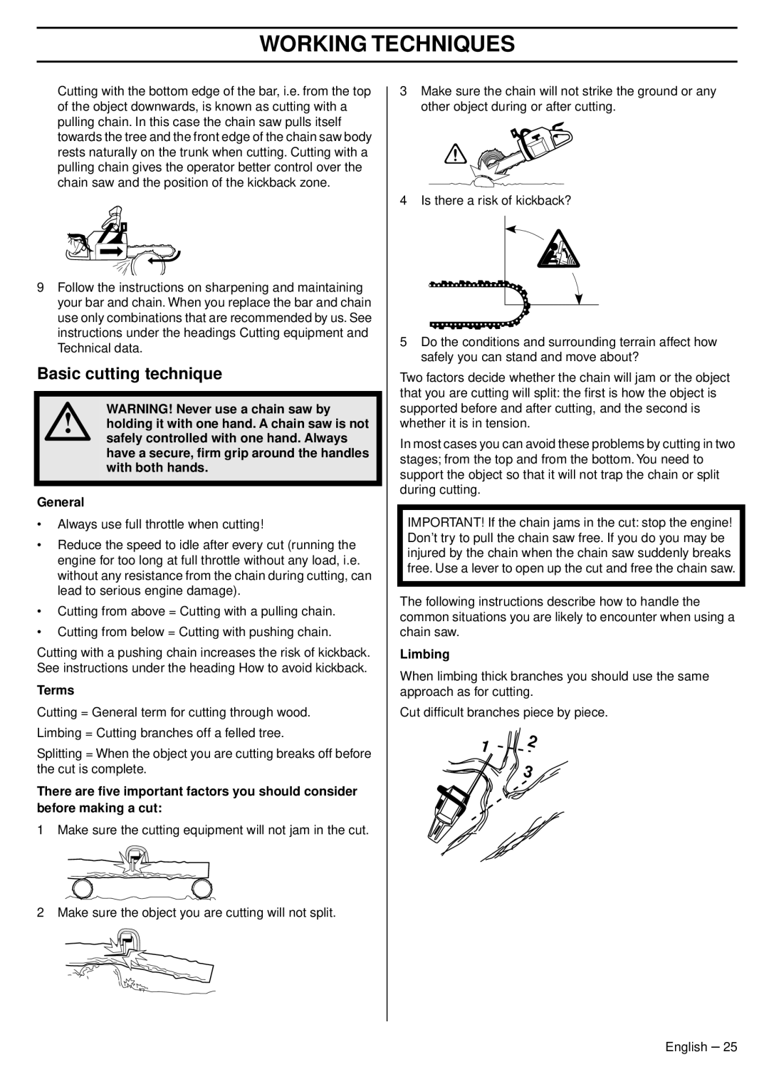 Husqvarna 345e EPA III, 353 EPA III TrioBrake, 1151438-95 manual Basic cutting technique, Terms, Limbing 