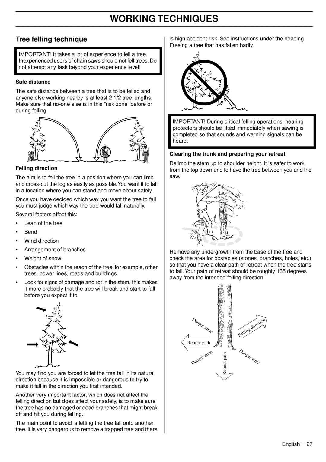 Husqvarna 353 EPA III TrioBrake, 345e EPA III, 1151438-95 manual Tree felling technique, Safe distance, Felling direction 