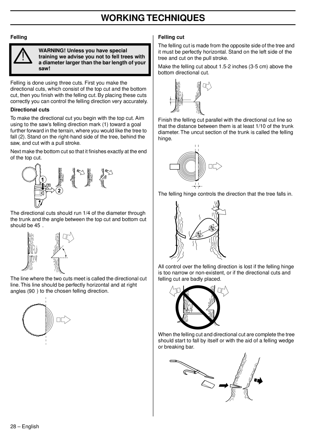 Husqvarna 345e EPA III, 353 EPA III TrioBrake, 1151438-95 manual Directional cuts, Felling cut 