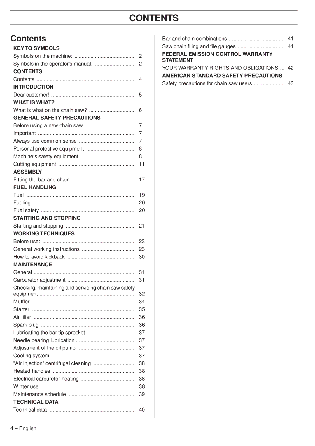 Husqvarna 345e EPA III, 353 EPA III TrioBrake, 1151438-95 manual Contents 