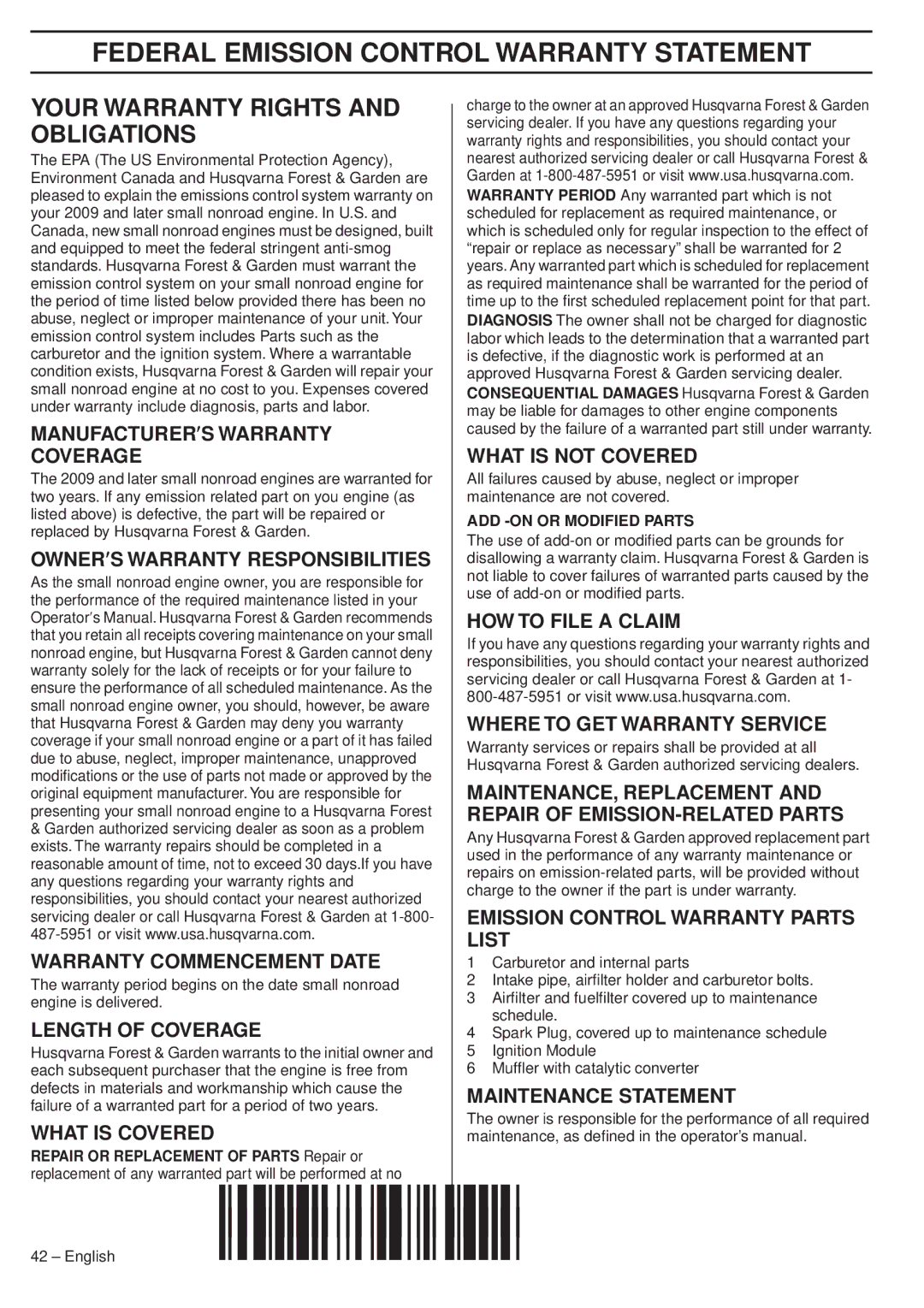 Husqvarna 353 EPA III TrioBrake, 345e EPA III, 1151438-95 manual Federal Emission Control Warranty Statement, Obligations 