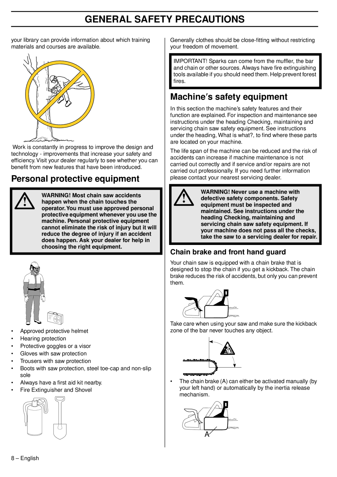 Husqvarna 1151438-95 manual Personal protective equipment, Machine′s safety equipment, Chain brake and front hand guard 