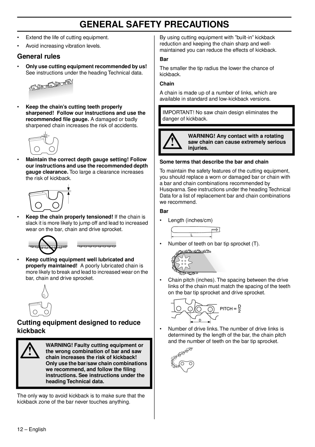 Husqvarna 346XPG, 353 E-tech, 353G E-tech manual General rules, Cutting equipment designed to reduce kickback, Bar, Chain 