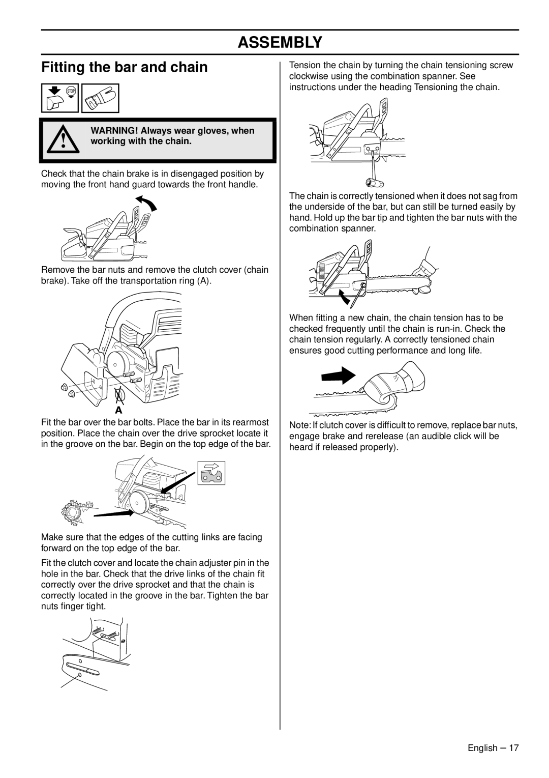 Husqvarna 346XPG E-tech, 353 E-tech, 353G E-tech, 1153178-95 Assembly, Fitting the bar and chain, Working with the chain 