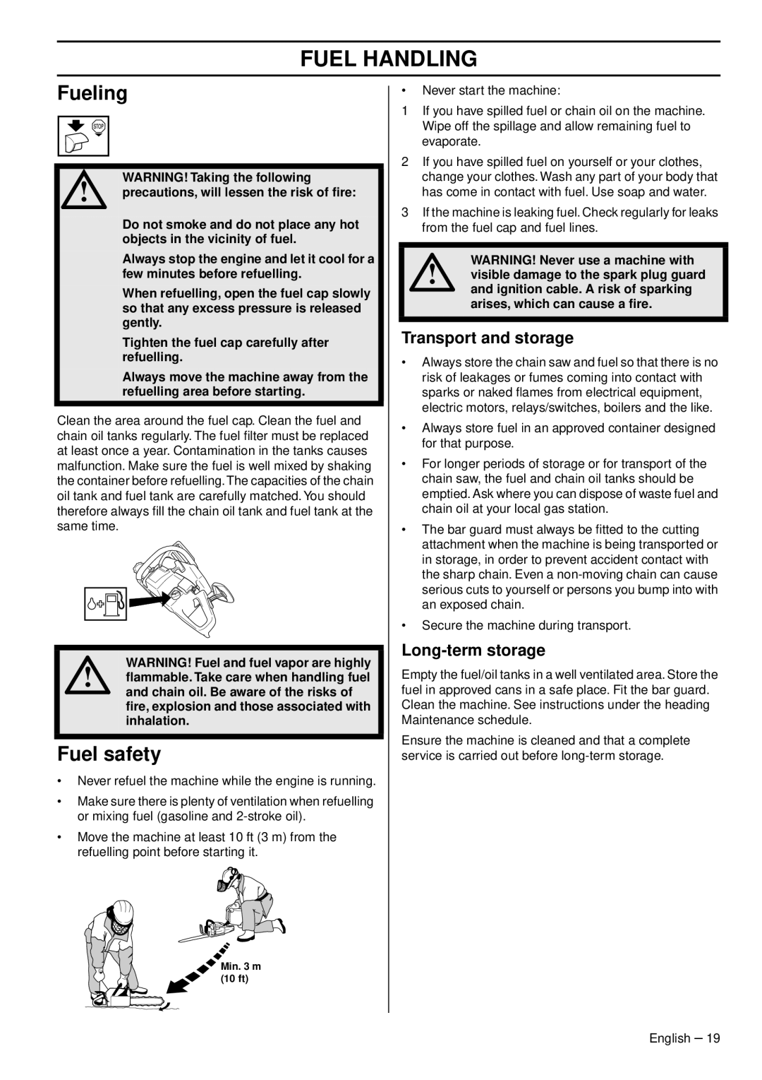 Husqvarna 353 E-tech, 353G E-tech, 346XPG E-tech manual Fueling, Fuel safety, Transport and storage, Long-term storage 