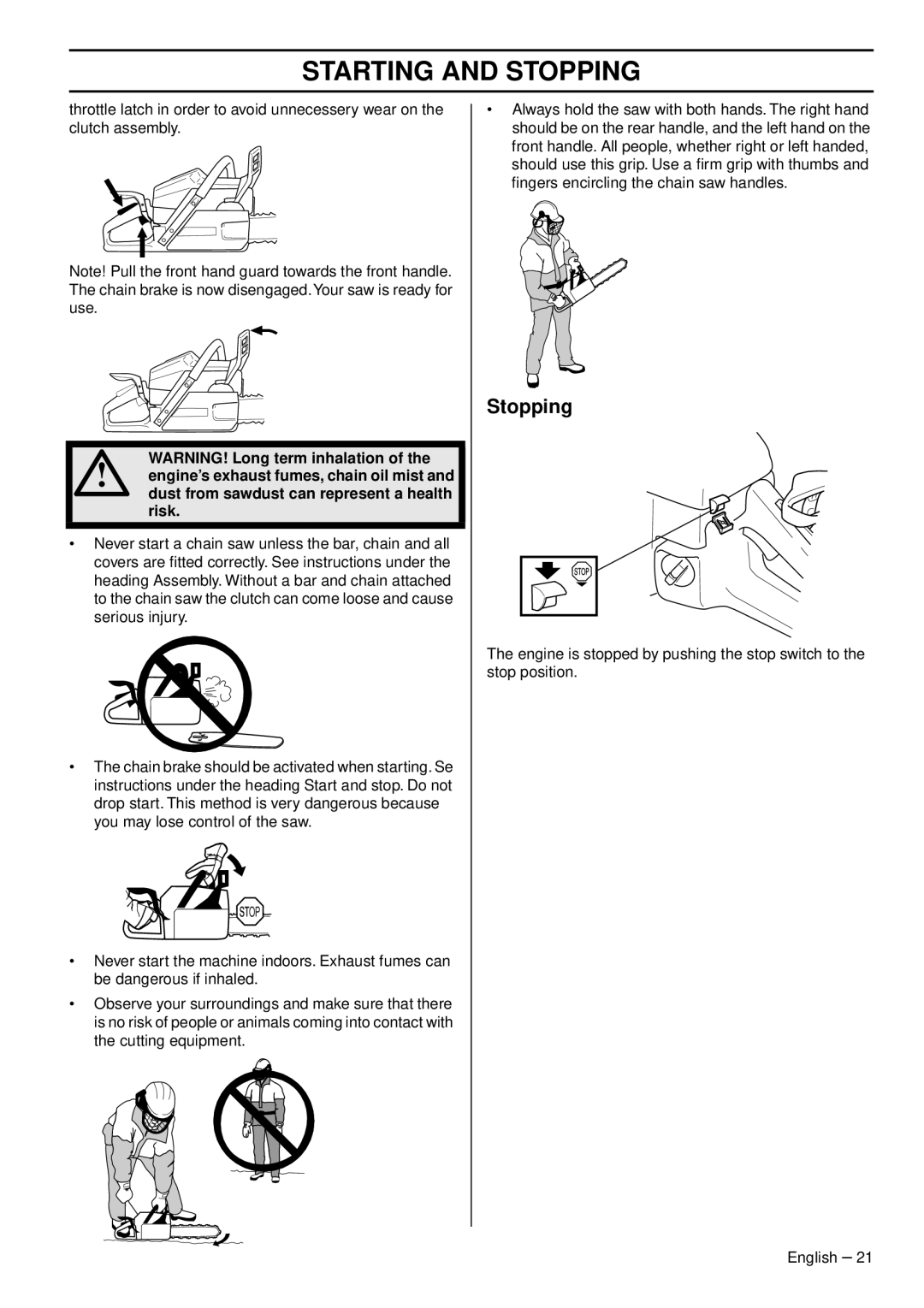 Husqvarna 353 E-tech, 353G E-tech, 346XPG E-tech, 346XP E-tech, 1153178-95 manual Stopping, Risk 