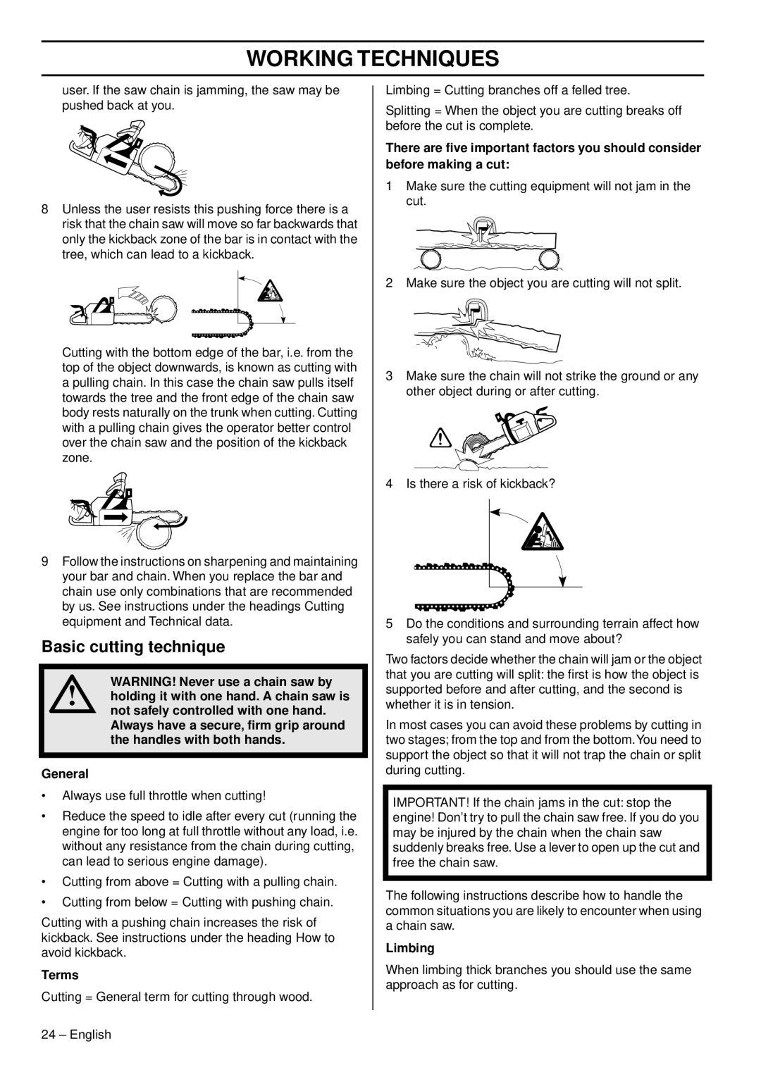 Husqvarna 346XPG E-tech, 353 E-tech, 353G E-tech, 346XP E-tech, 1153178-95 manual Basic cutting technique, Terms, Limbing 