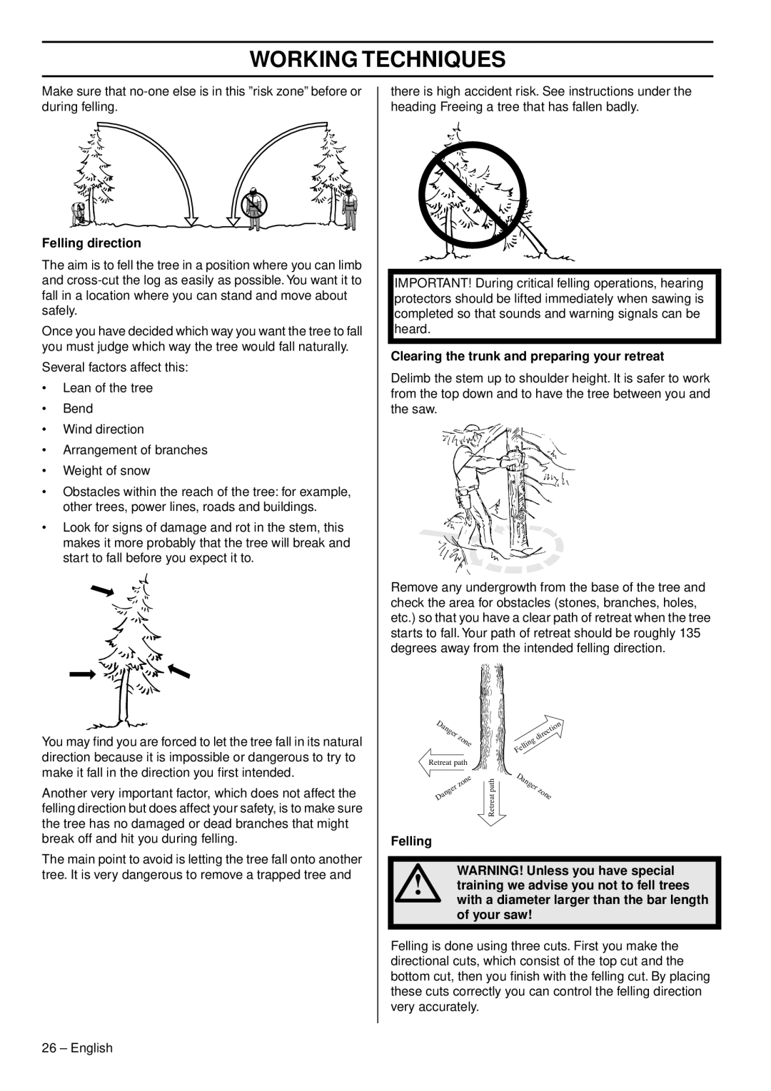 Husqvarna 346XPG, 353 E-tech, 353G E-tech Felling direction, Clearing the trunk and preparing your retreat, Your saw 