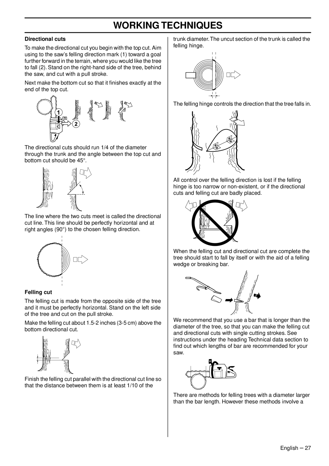 Husqvarna 1153178-95, 353 E-tech, 353G E-tech, 346XPG E-tech, 346XP E-tech manual Directional cuts, Felling cut 