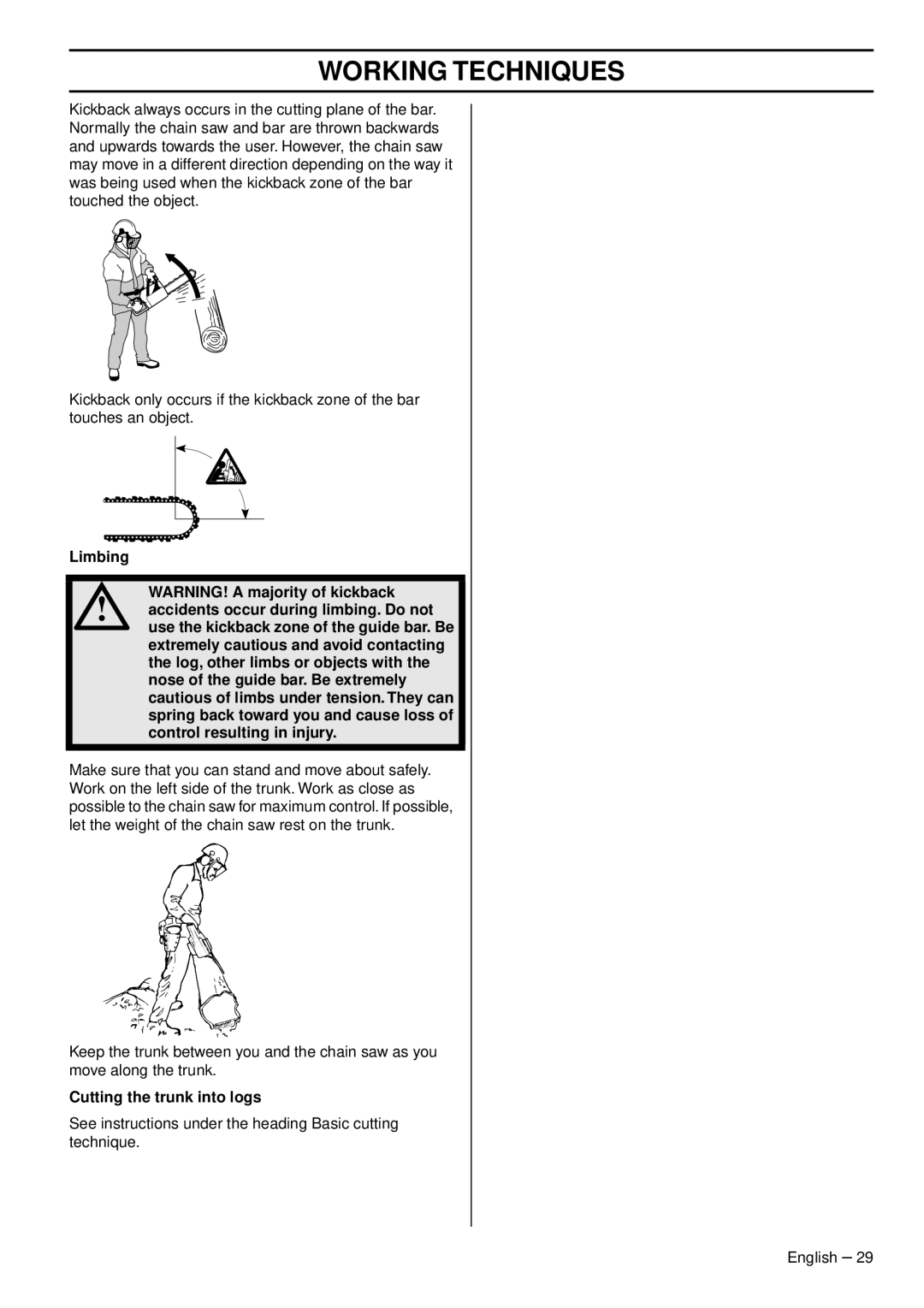 Husqvarna 353 E-tech, 353G E-tech, 346XPG E-tech, 346XP E-tech, 1153178-95 manual Limbing, Cutting the trunk into logs 