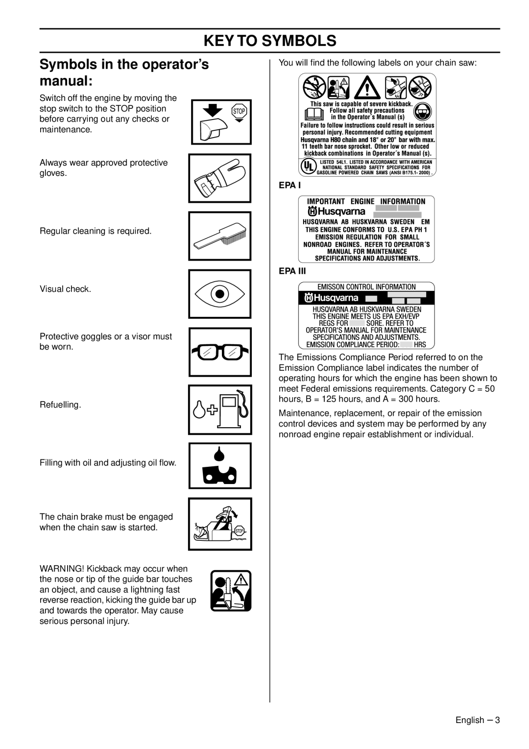 Husqvarna 346XPG E-tech, 353 E-tech, 353G E-tech, 346XP E-tech, 1153178-95 Symbols in the operator’s manual, Epa 