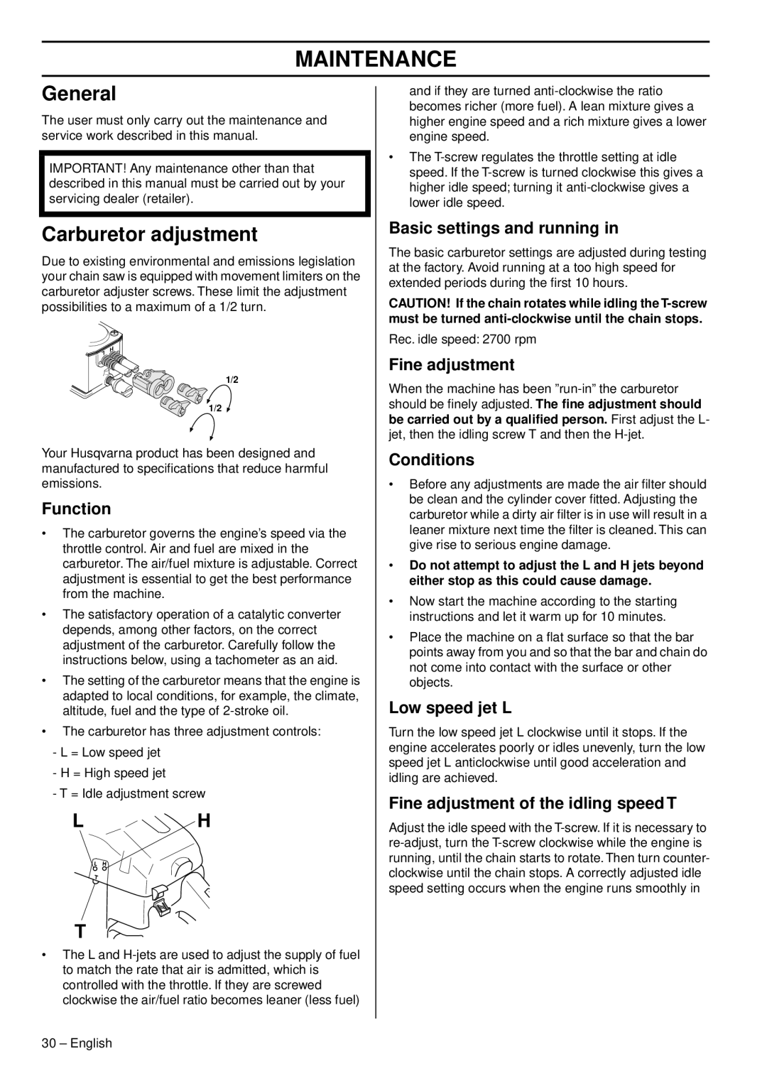 Husqvarna 353G E-tech, 353 E-tech, 346XPG E-tech, 346XP E-tech, 1153178-95 manual Maintenance, General, Carburetor adjustment 