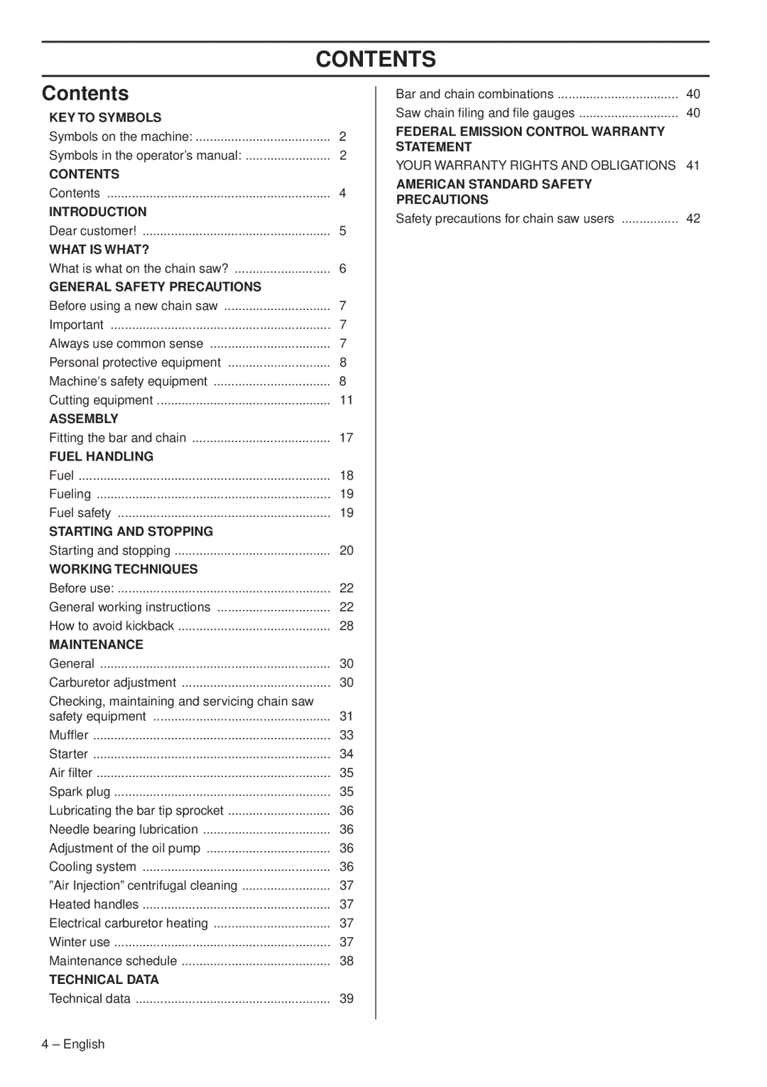 Husqvarna 346XP E-tech, 353 E-tech, 353G E-tech, 346XPG E-tech, 1153178-95 manual Contents 