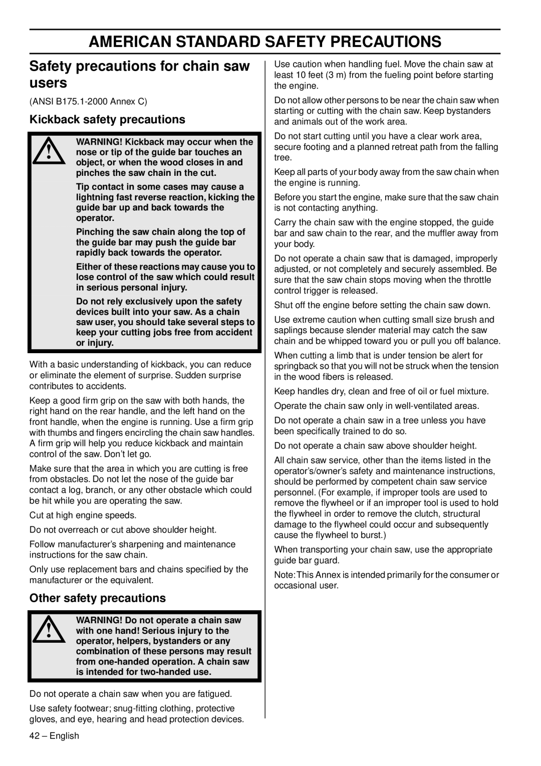 Husqvarna 353G American Standard Safety Precautions, Safety precautions for chain saw users, Kickback safety precautions 