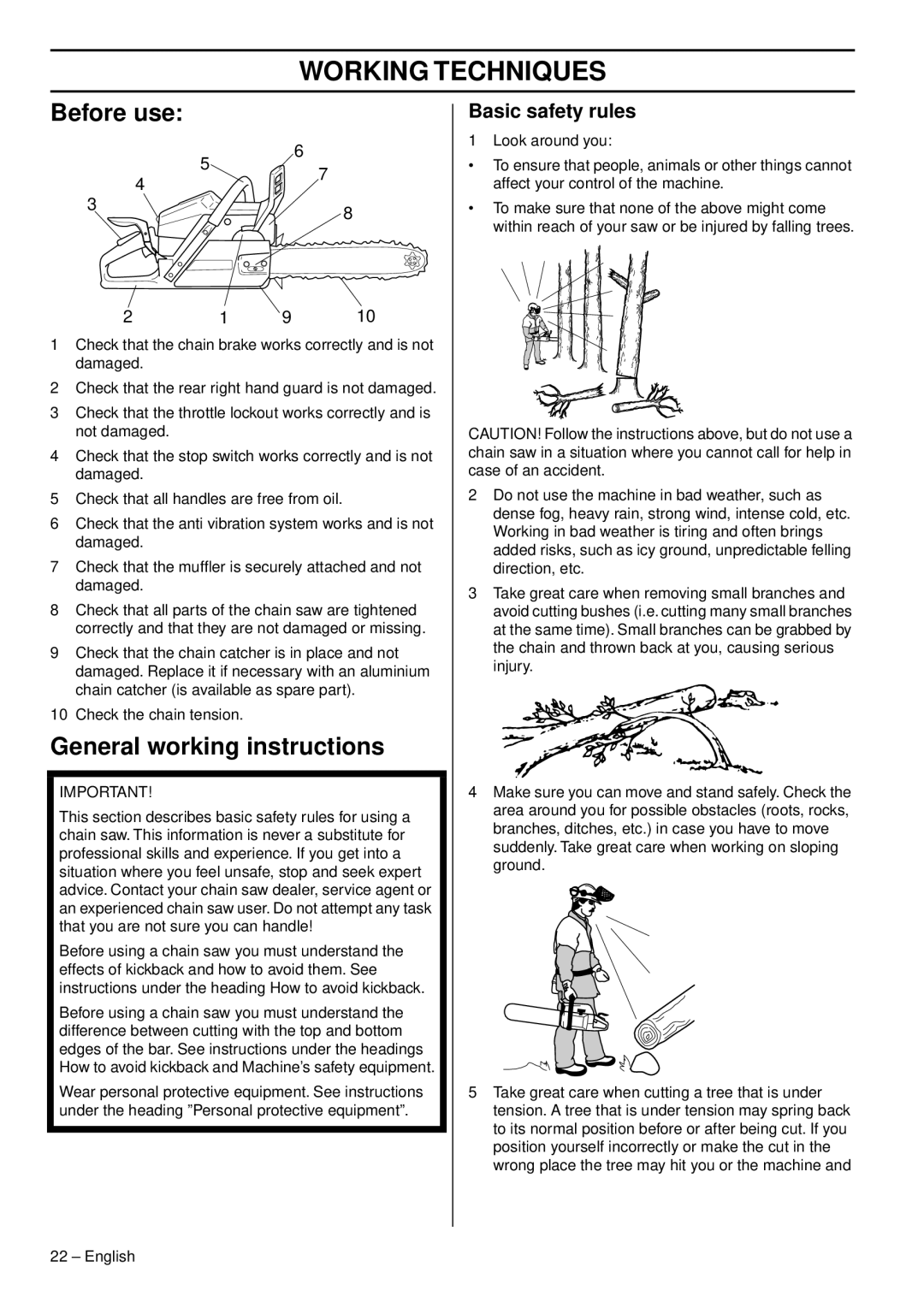 Husqvarna 353 E-tech, 353G E-tech manual Working Techniques, Before use, General working instructions, Basic safety rules 
