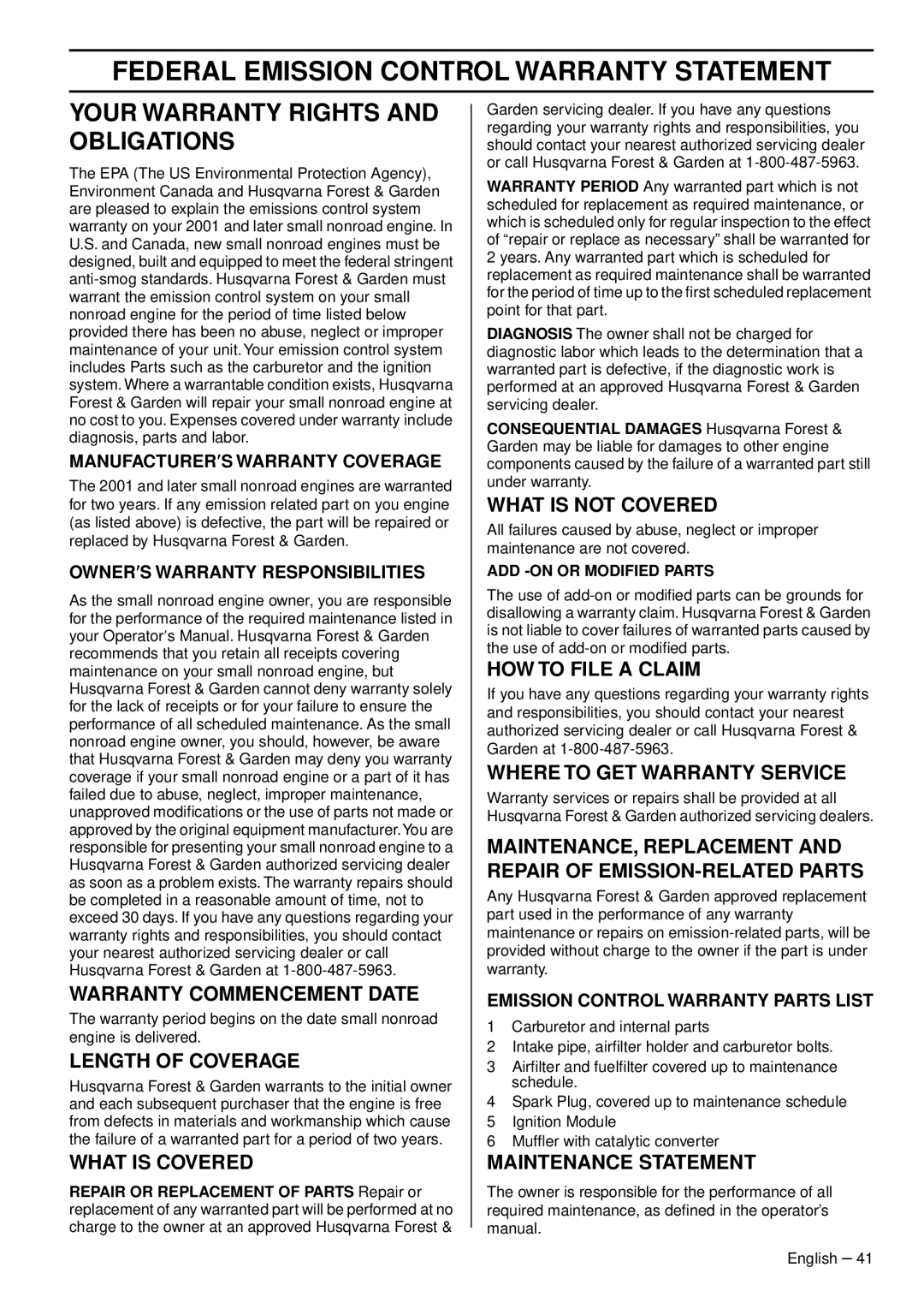 Husqvarna 1153178-95 Federal Emission Control Warranty Statement, Your Warranty Rights And Obligations, Length Of Coverage 