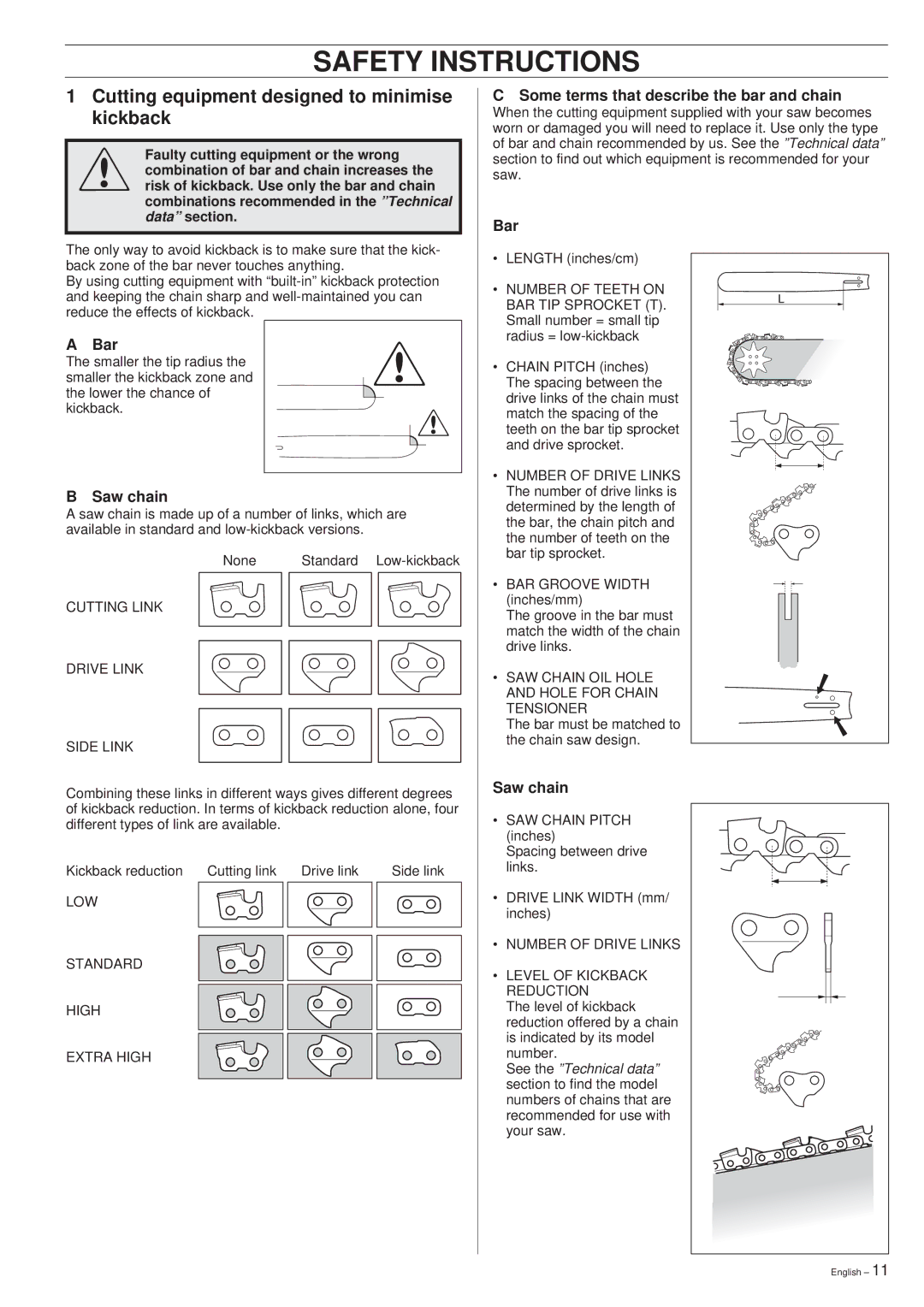 Husqvarna 254XP, 257, 262XP, 354XP, 257, 262XP manual Cutting equipment designed to minimise kickback, Bar, Saw chain 
