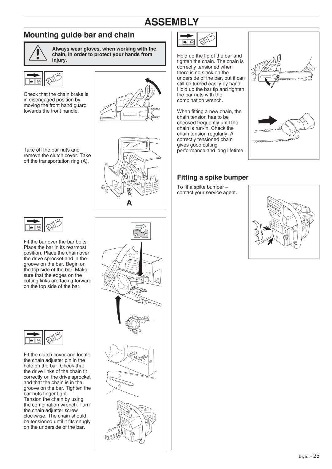 Husqvarna 254XP, 257, 262XP, 354XP, 257, 262XP manual Assembly, Mounting guide bar and chain, Fitting a spike bumper 