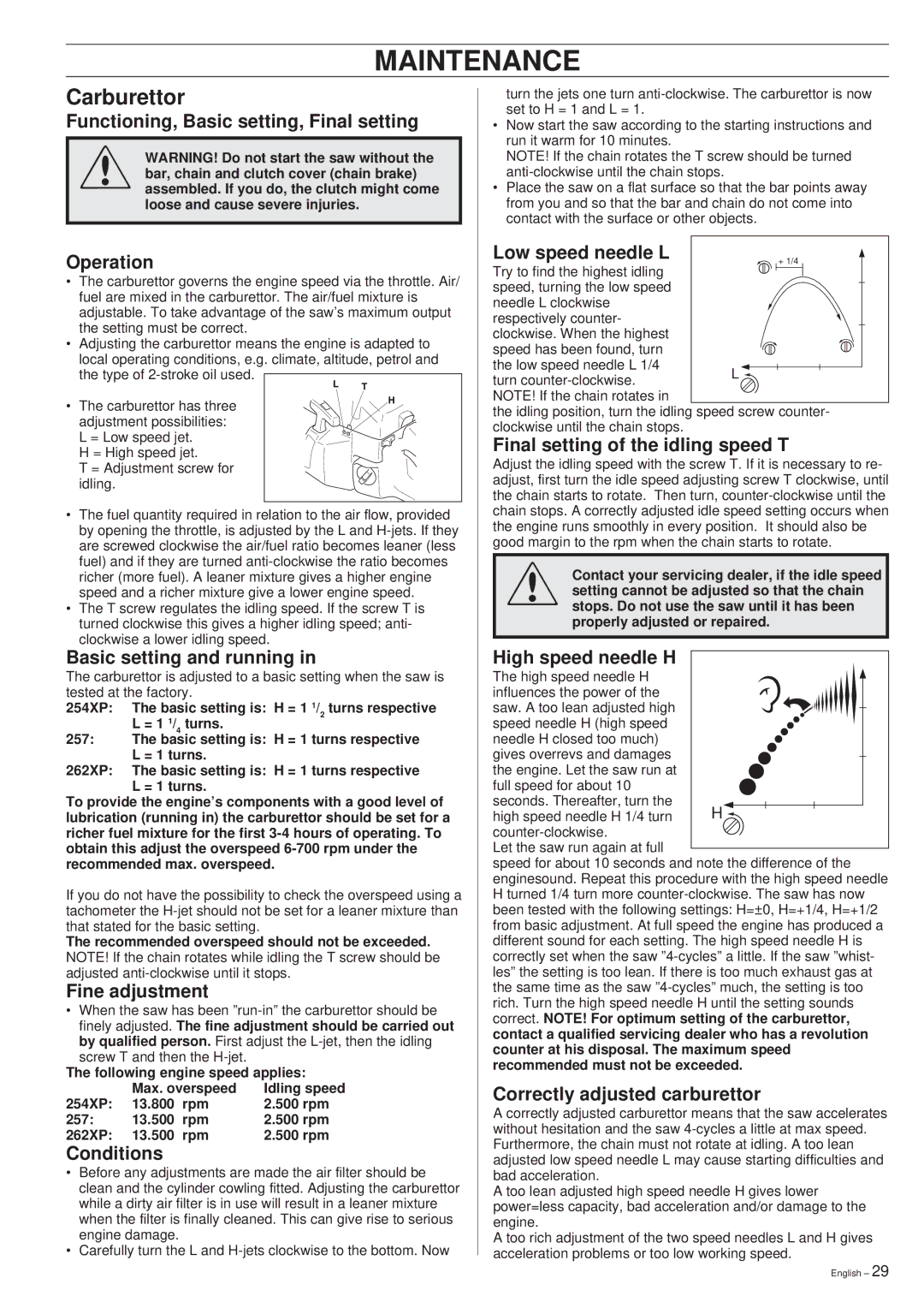 Husqvarna 254XP, 257, 262XP, 354XP, 257, 262XP manual Maintenance, Carburettor 