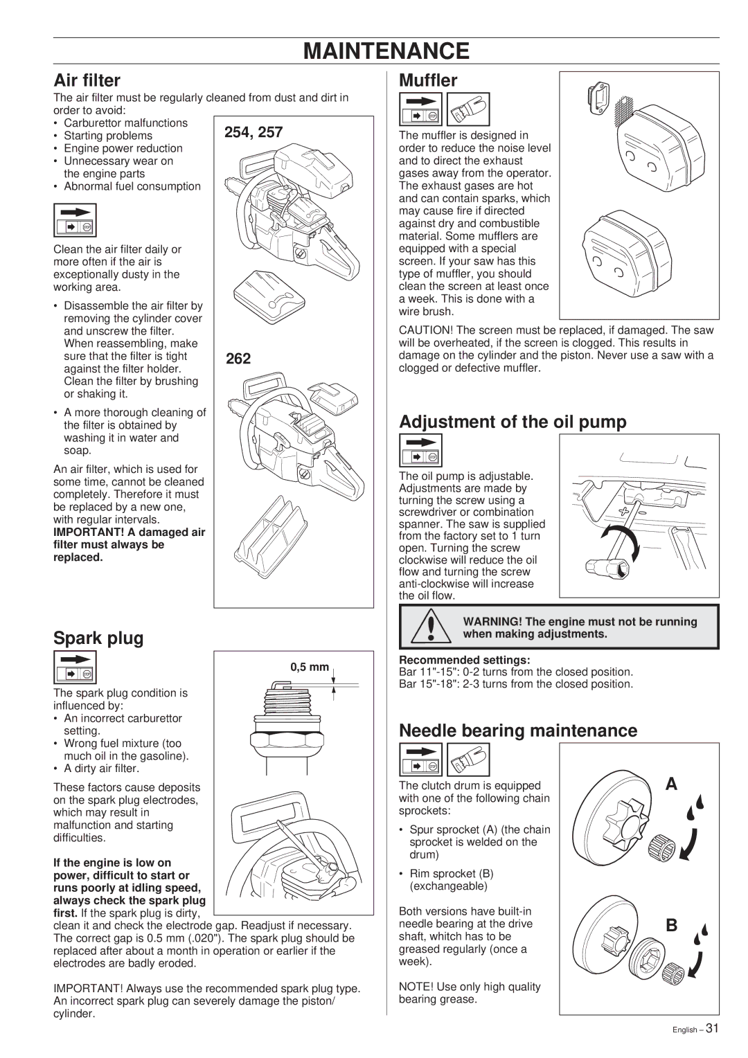 Husqvarna 254XP, 257, 262XP manual Air filter, Spark plug, Muffler, Adjustment of the oil pump, Needle bearing maintenance 