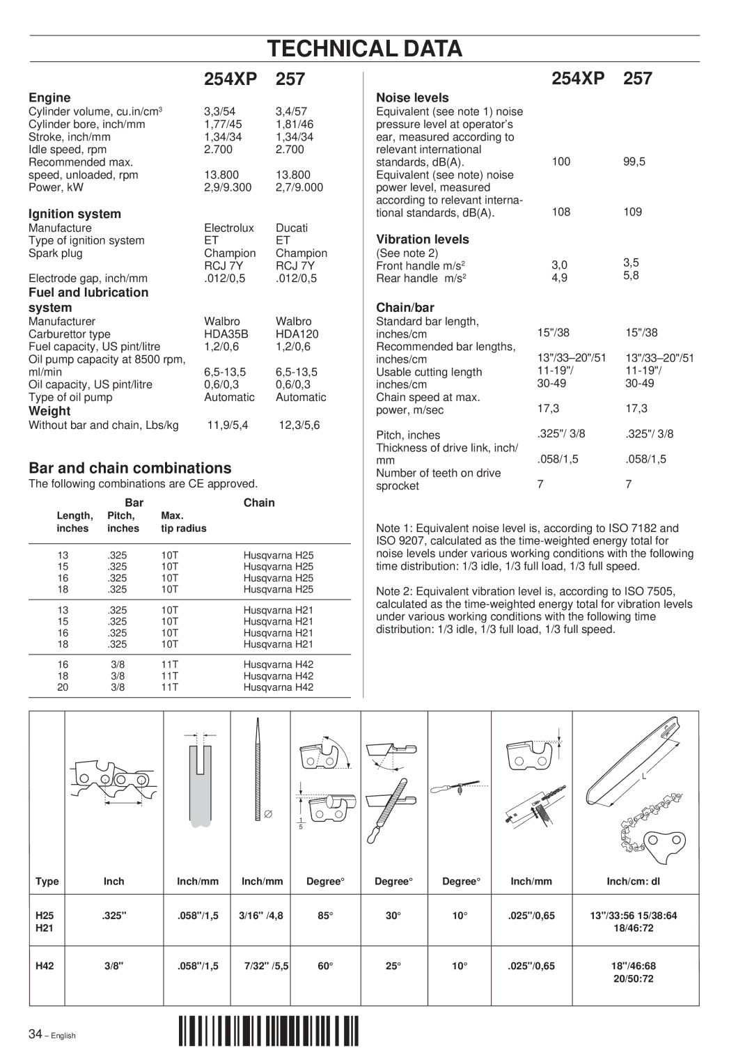 Husqvarna 354XP, 257, 262XP, 254XP, 257, 262XP manual Technical Data, 254XP 257, Bar and chain combinations 