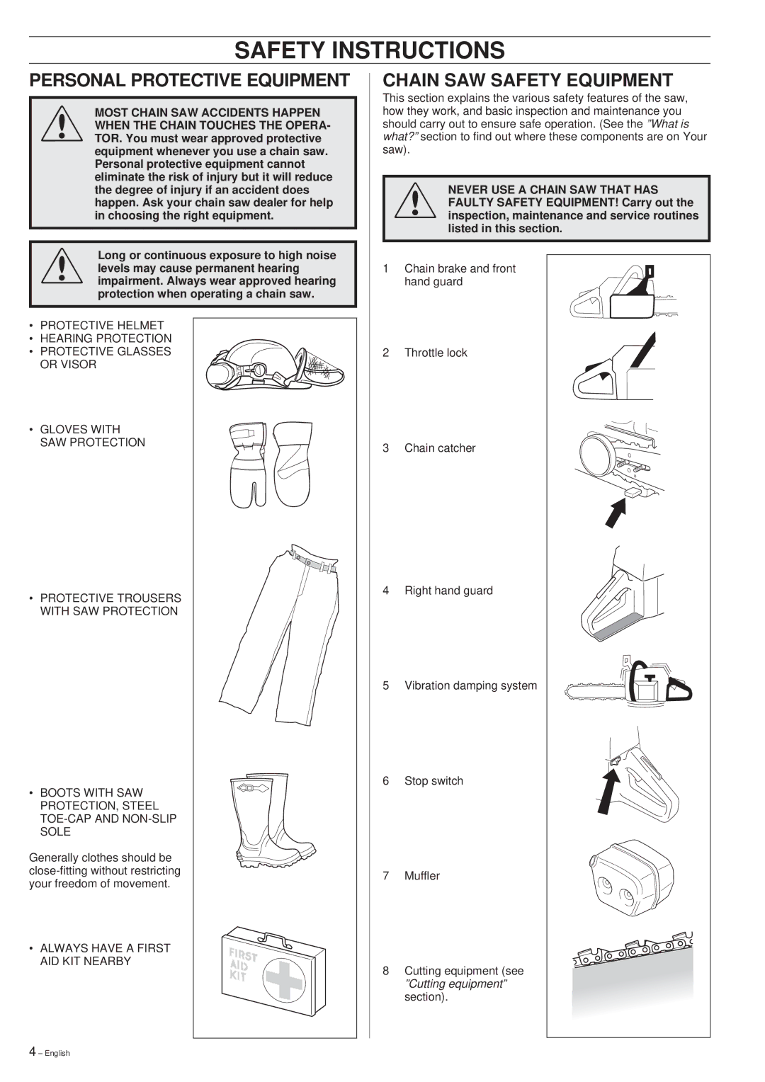 Husqvarna 354XP, 257, 262XP manual Safety Instructions, Personal Protective Equipment, Chain SAW Safety Equipment 