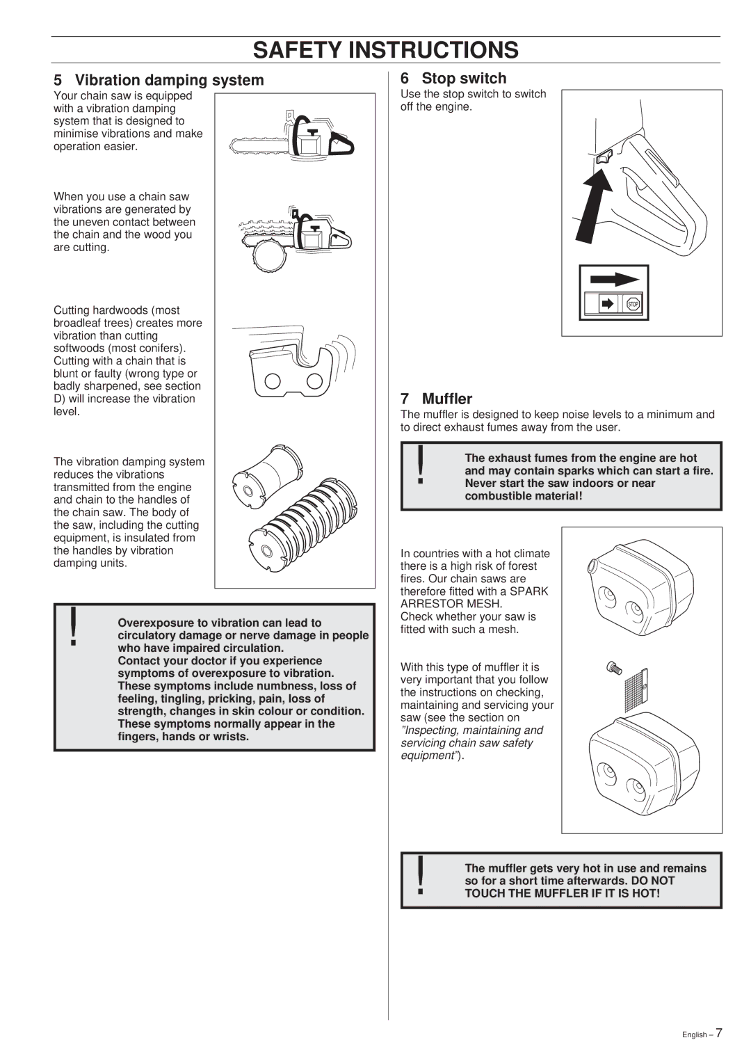 Husqvarna 254XP, 257, 262XP, 354XP, 257, 262XP manual Vibration damping system, Stop switch, Muffler 