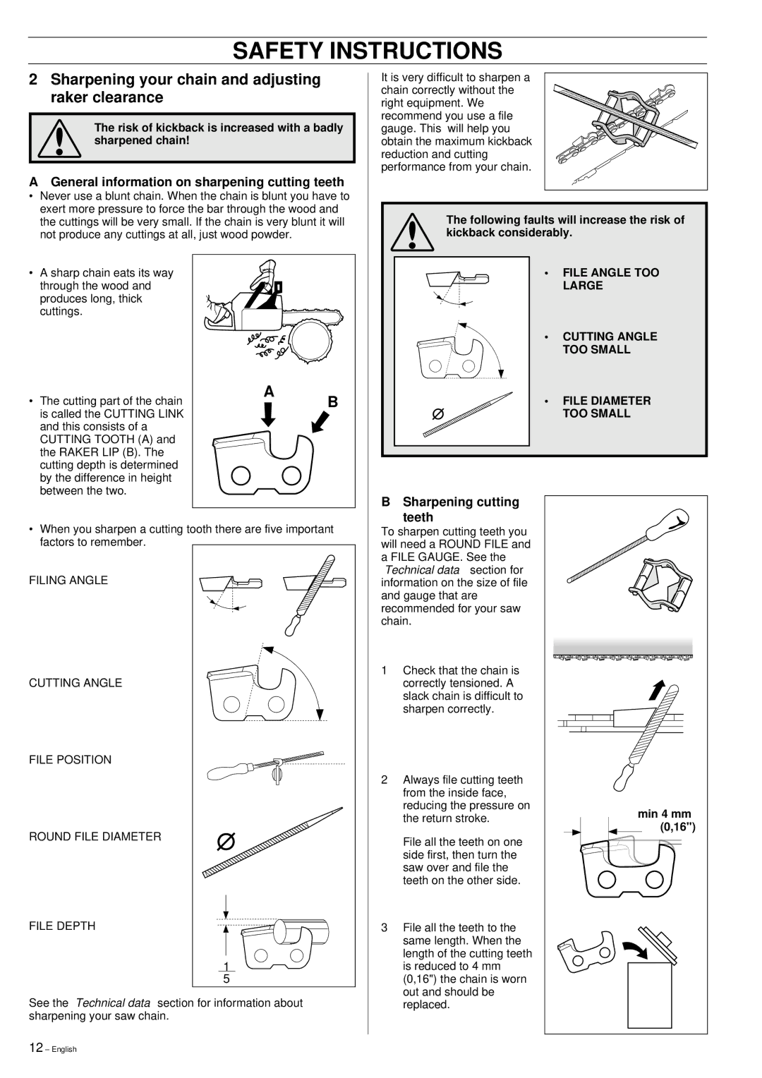 Husqvarna 355 manual Sharpening your chain and adjusting raker clearance, General information on sharpening cutting teeth 