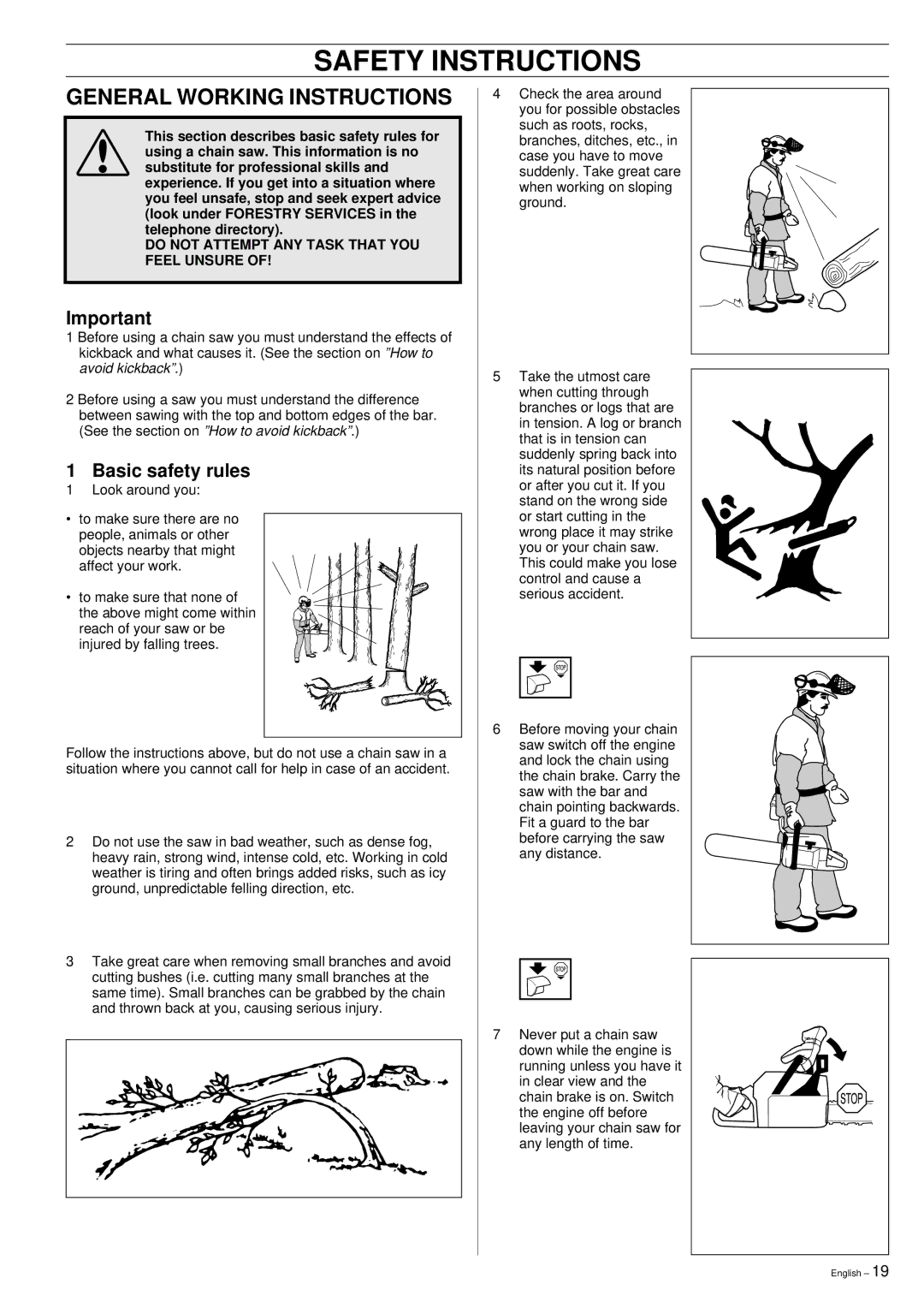 Husqvarna 355 manual General Working Instructions, Basic safety rules 