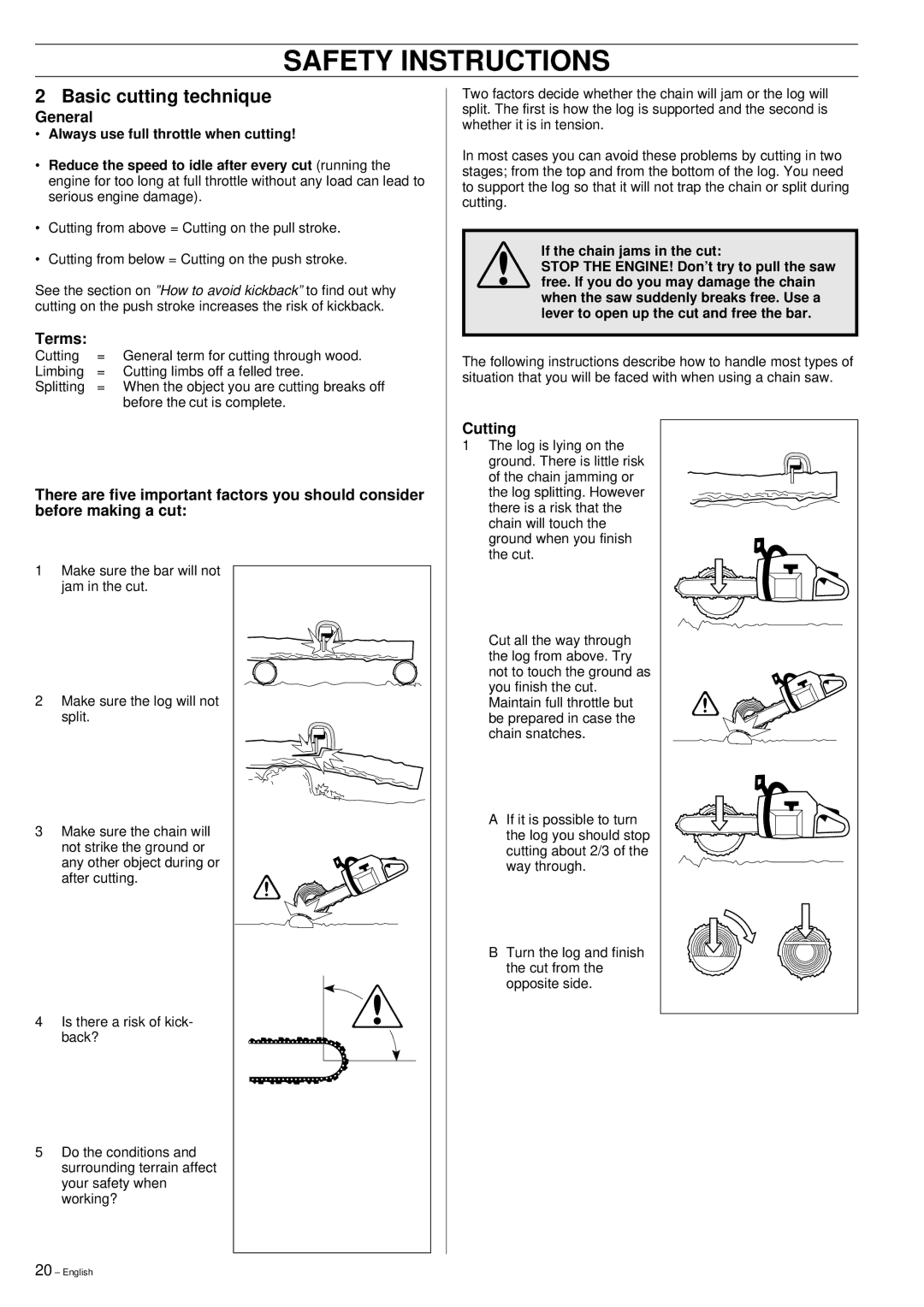 Husqvarna 355 manual Basic cutting technique, General, Terms, Cutting 