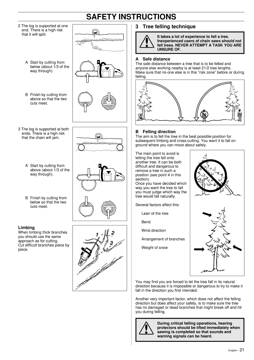 Husqvarna 355 manual Tree felling technique, Safe distance, Limbing, Felling direction 